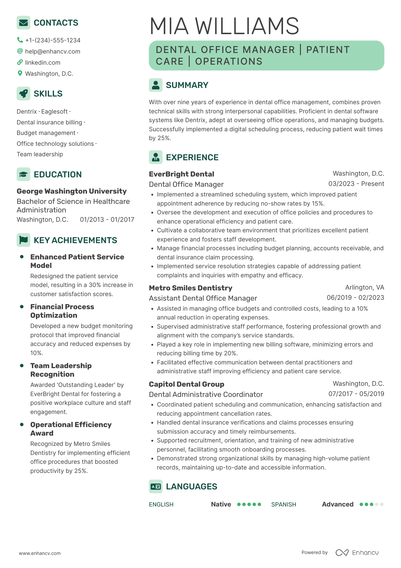 A resume example of a Dental Office Manager