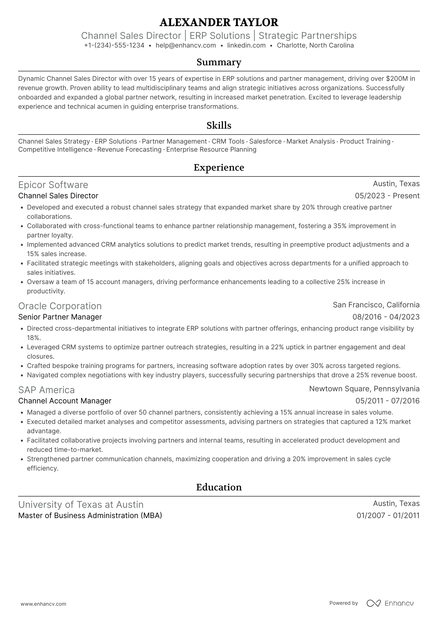 A resume example of a Channel Sales Director
