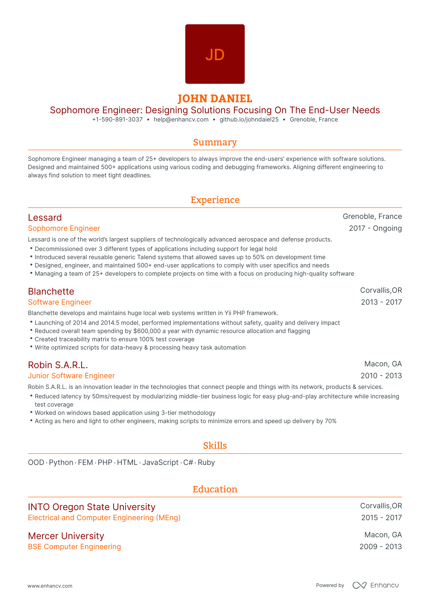 Traditional Sophomore Engineering Resume Template