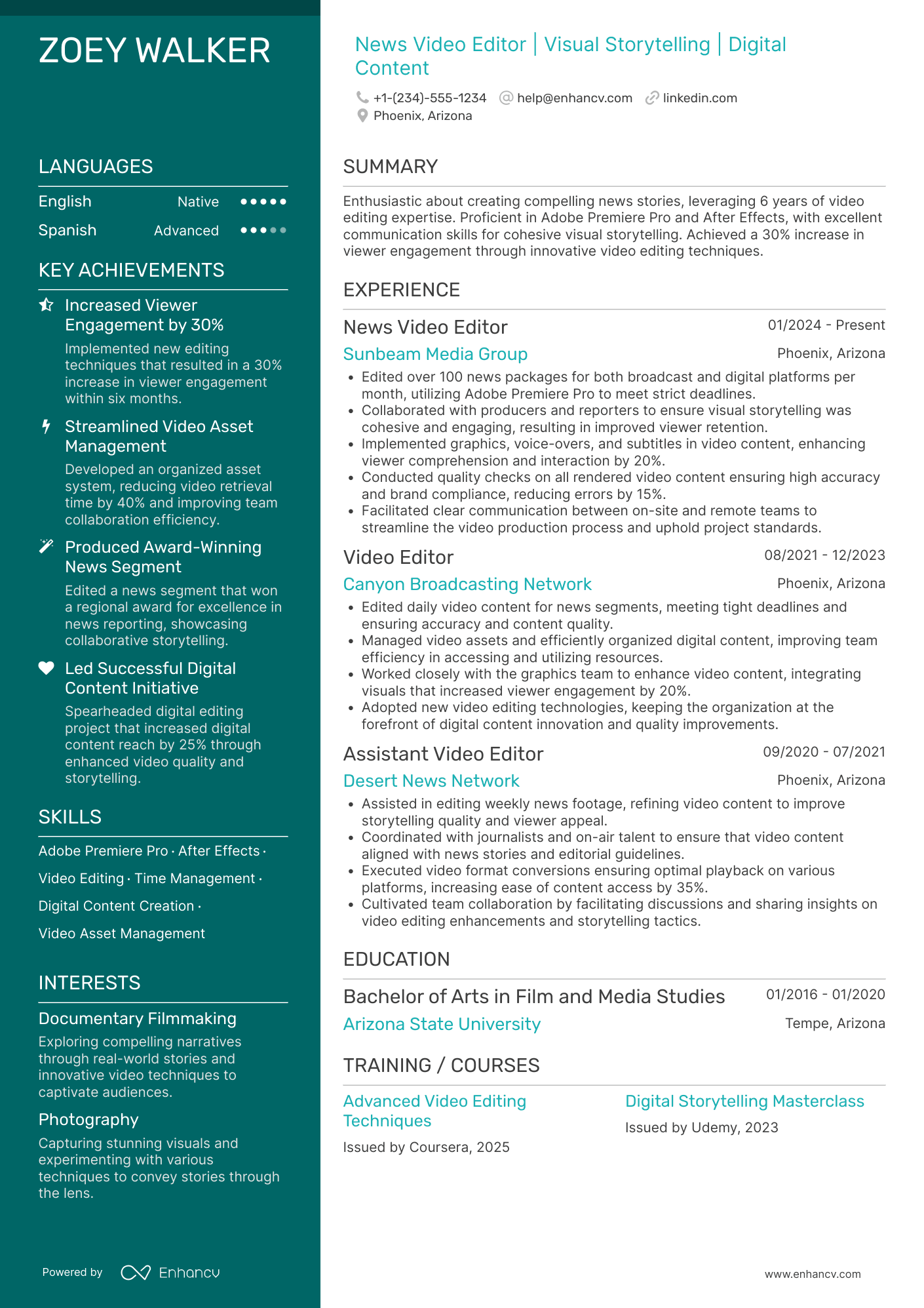 A resume example of a News Video Editor