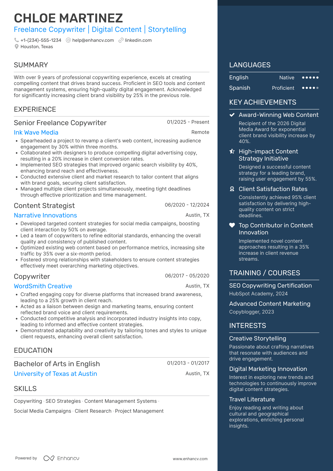 A resume example of a Freelance Copywriter