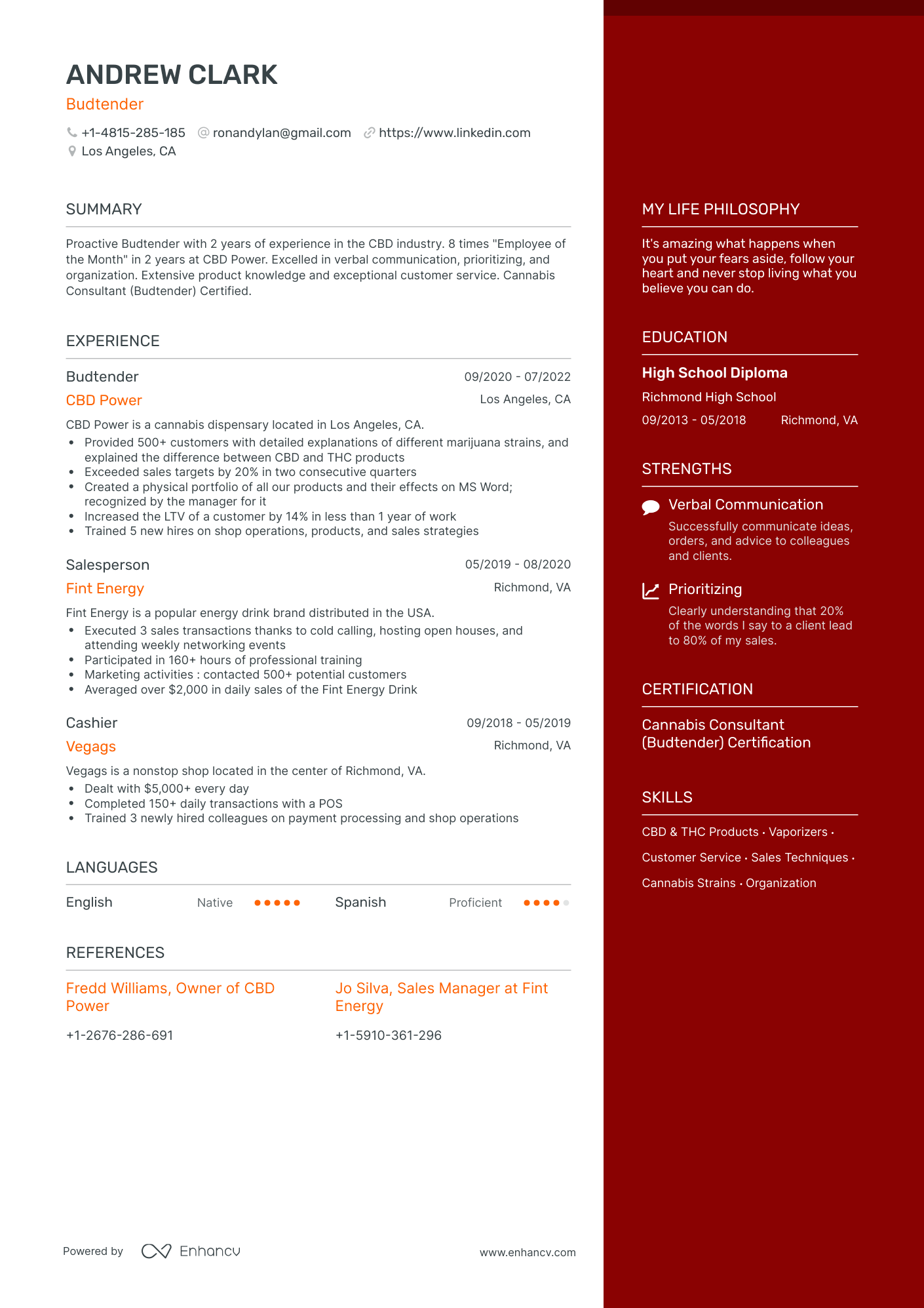 One Page Budtender Resume Template