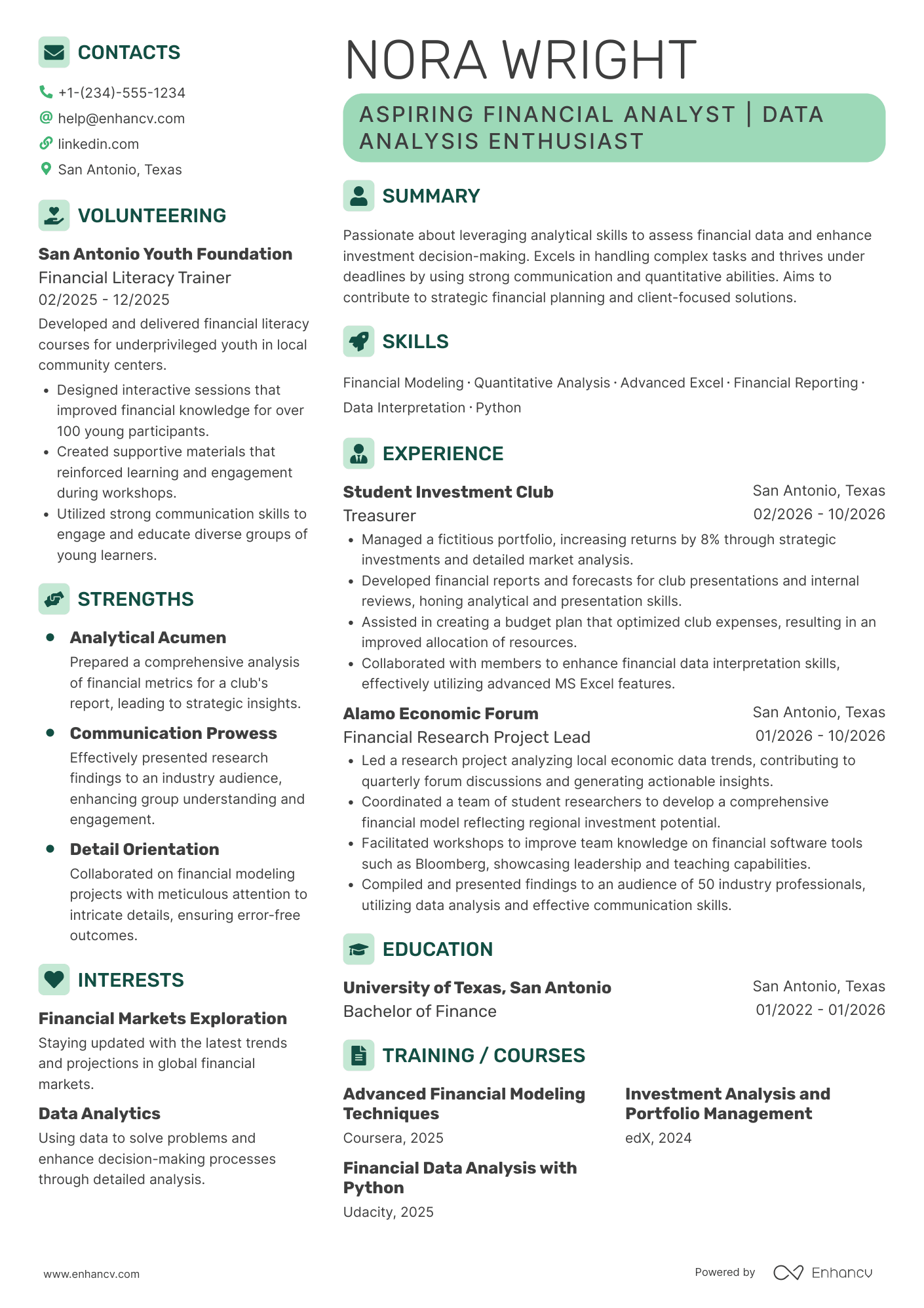 A resume example of a Financial Analyst Intern