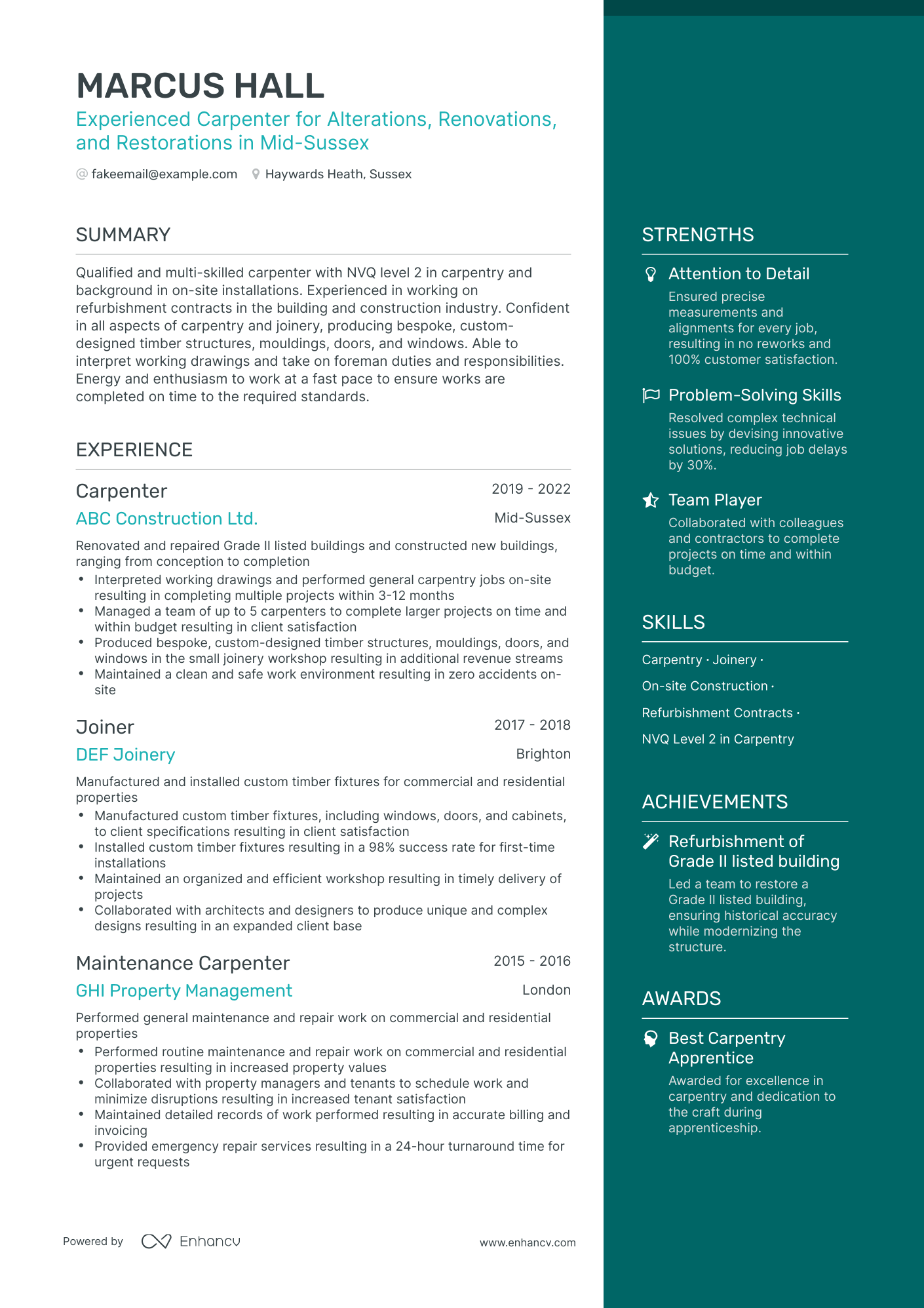 One Page Carpenter Resume Template
