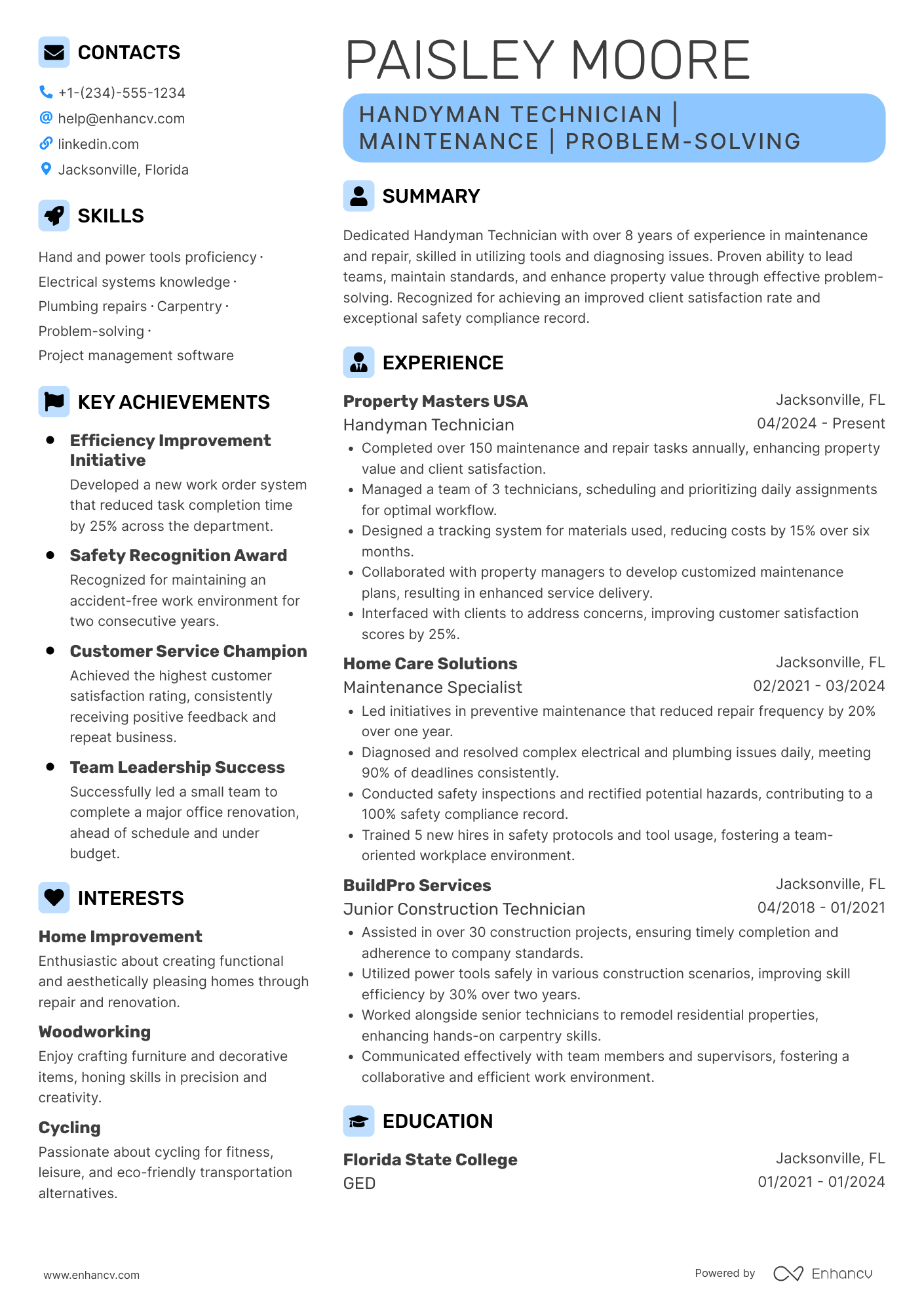 A resume example of a Handyman Technician