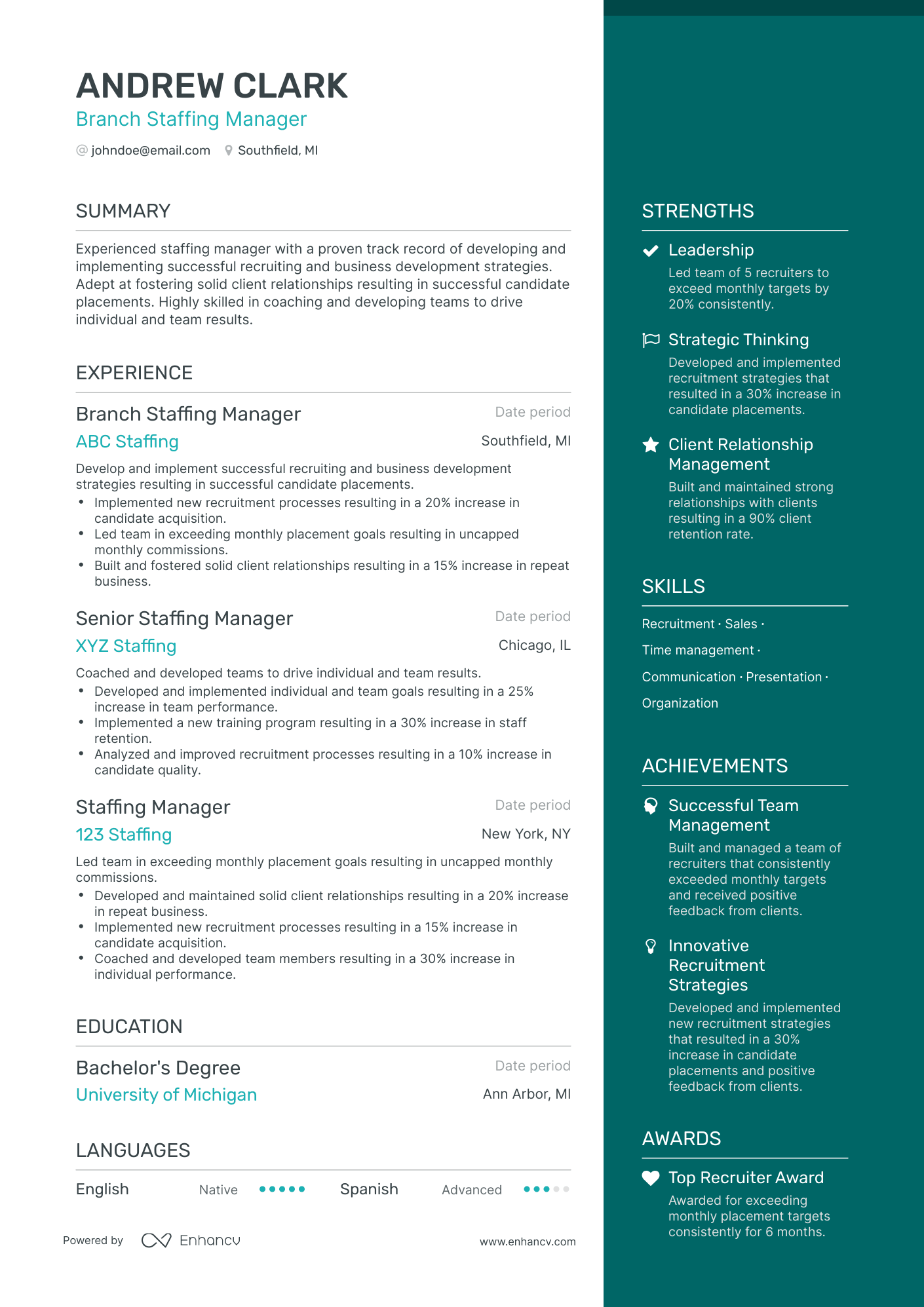 One Page Staffing Manager Resume Template