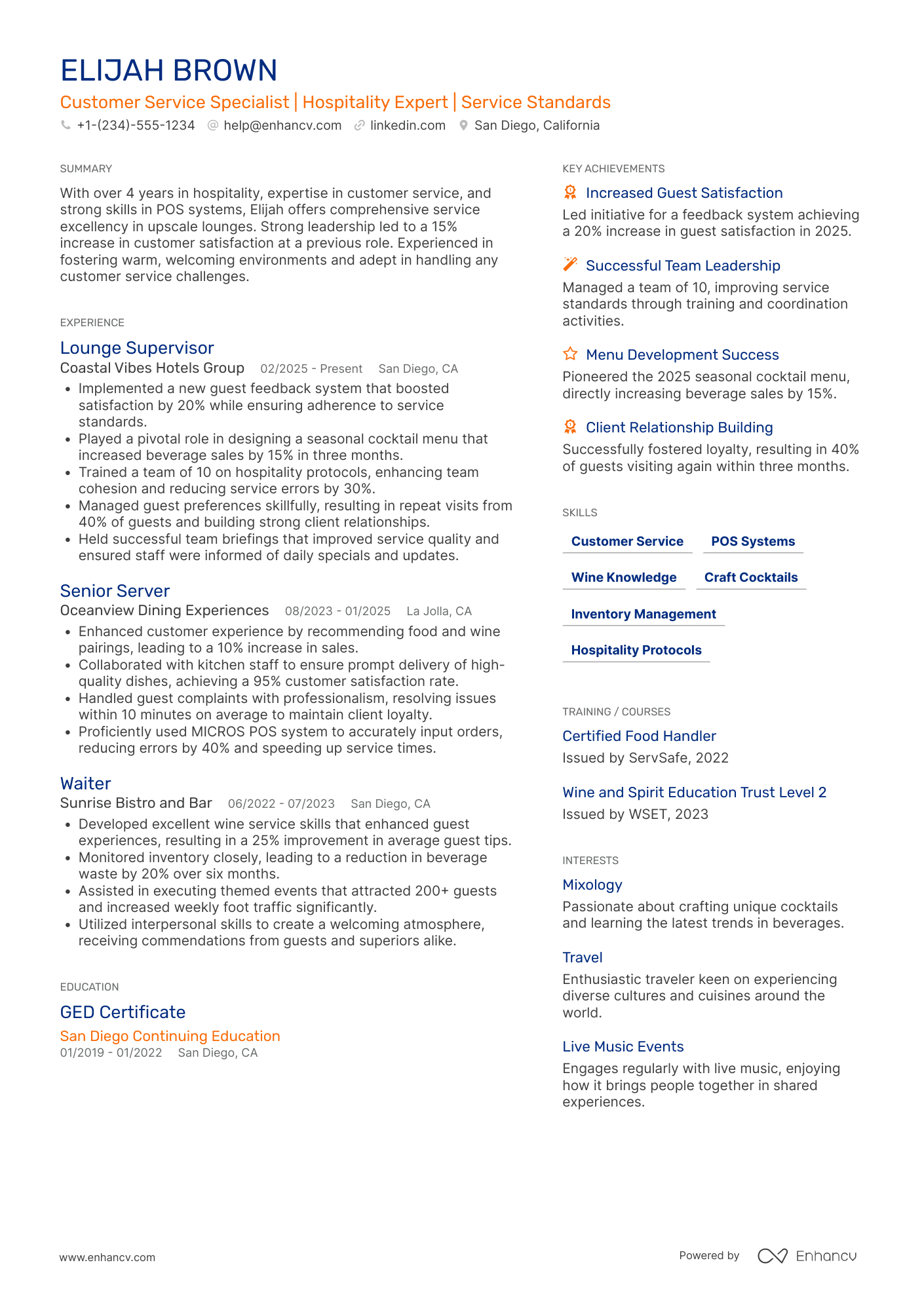 A resume example of a Lounge Waitress