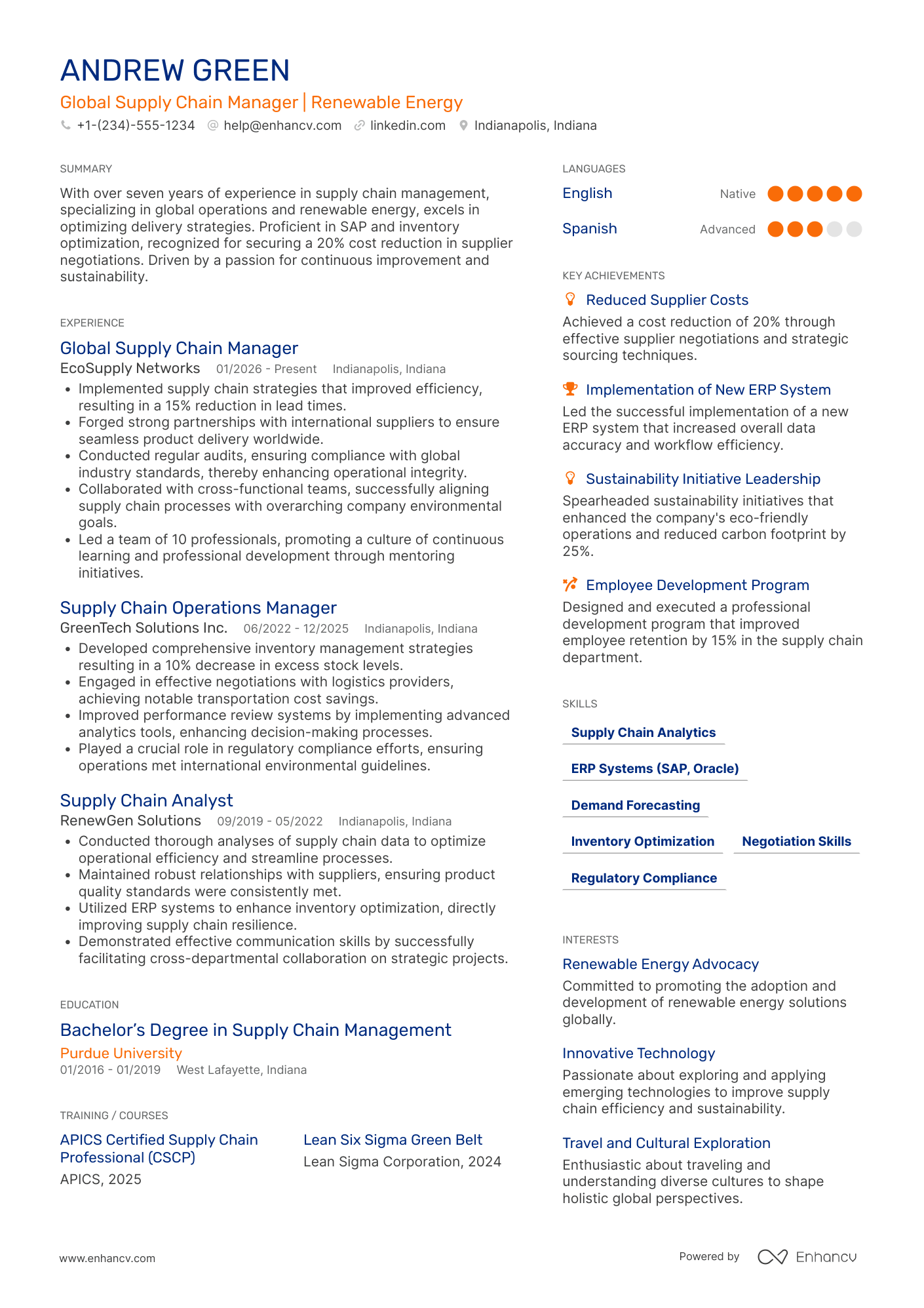 A resume example of a Global Supply Chain Manager