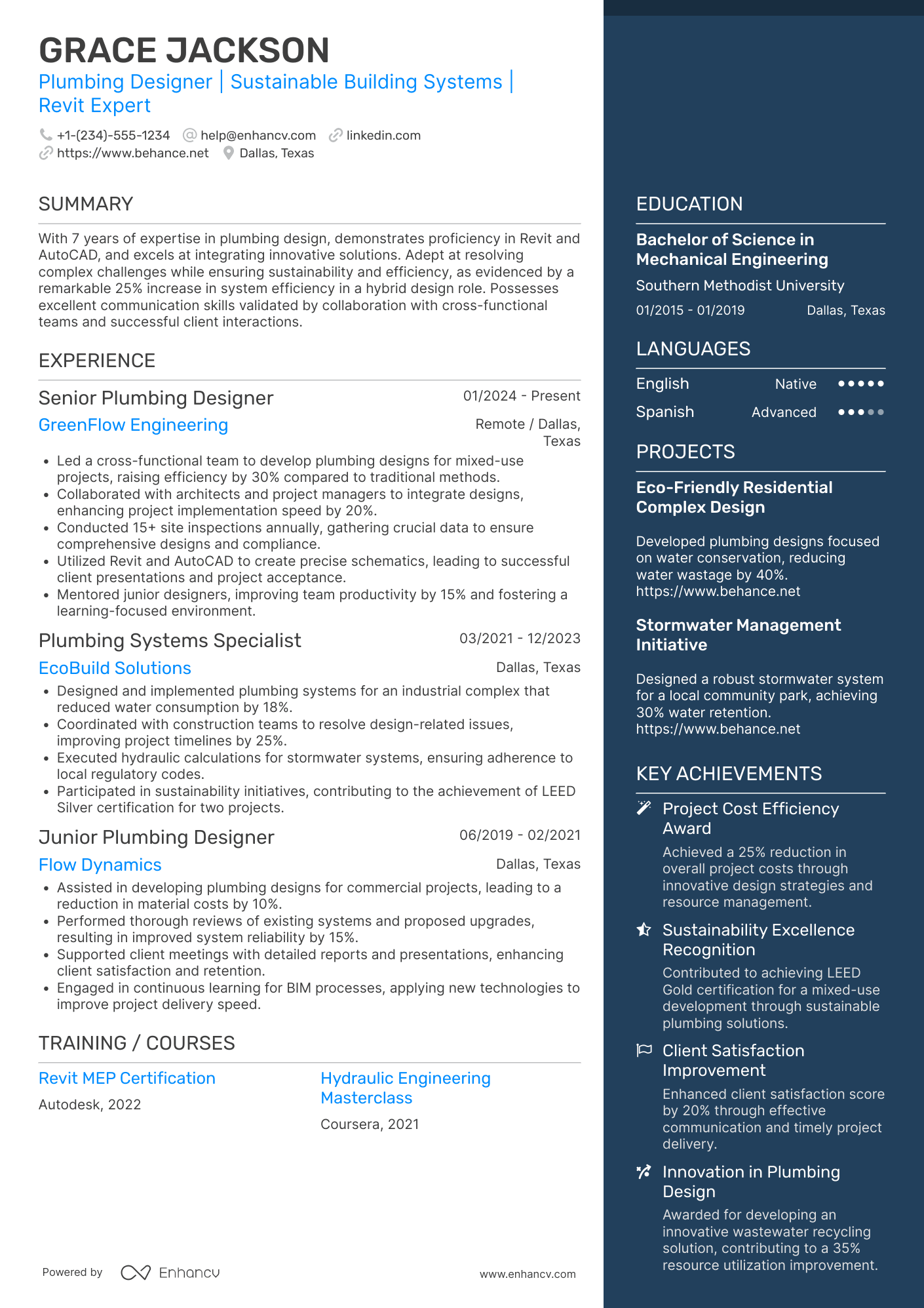 A resume example of a Plumbing Designer