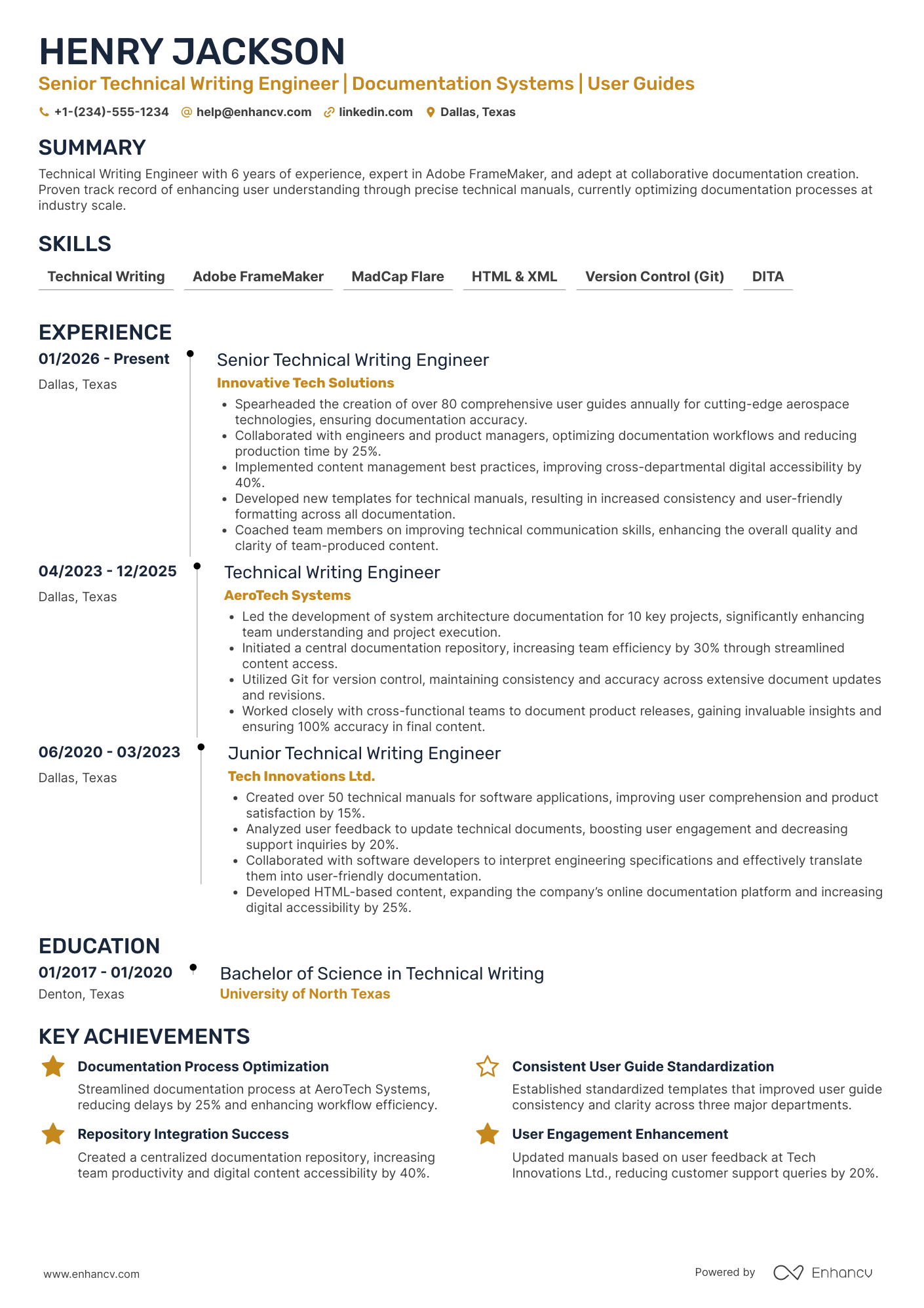 A resume example of a Technical Writing Engineer