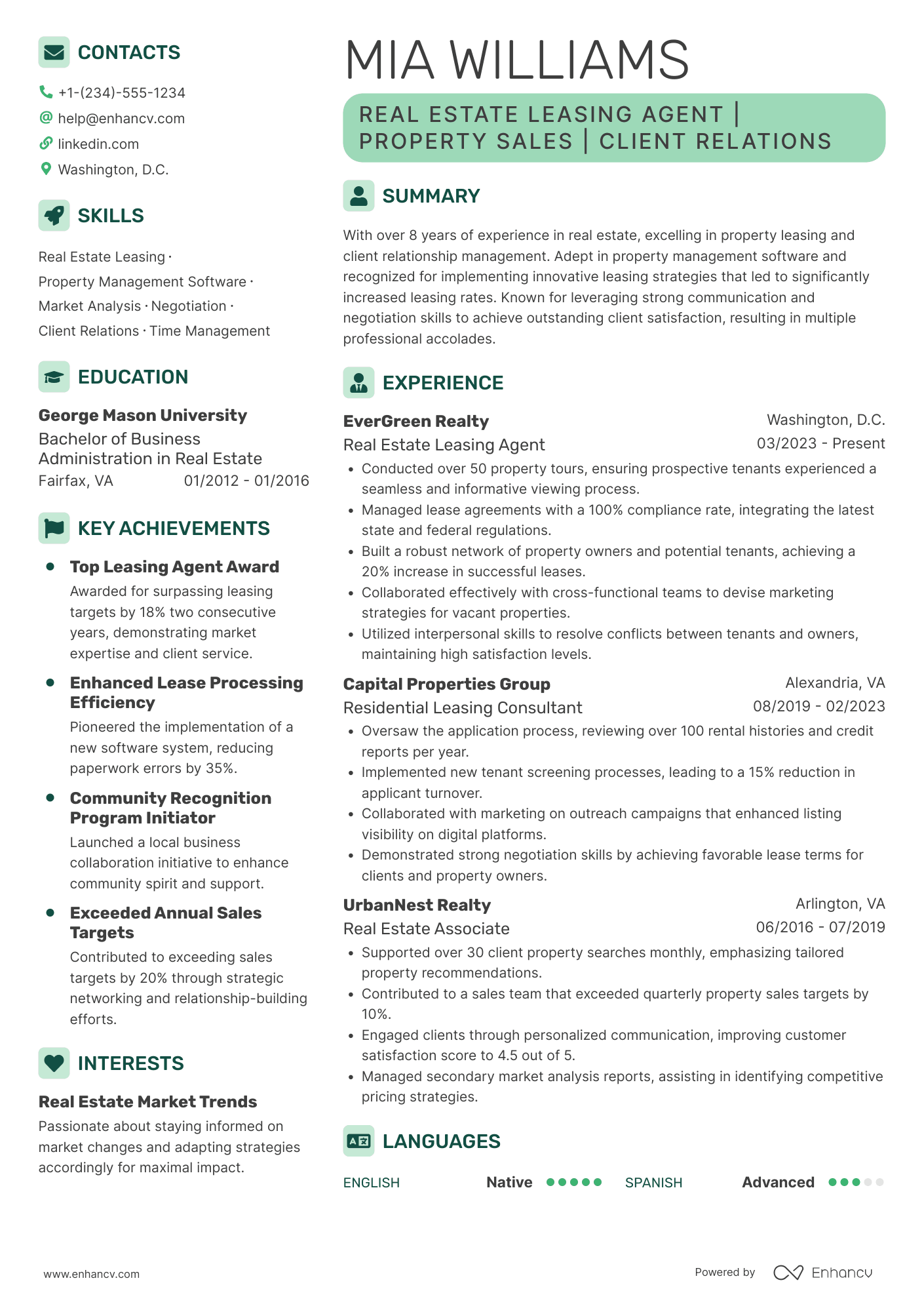 A resume example of a Real Estate Leasing Agent