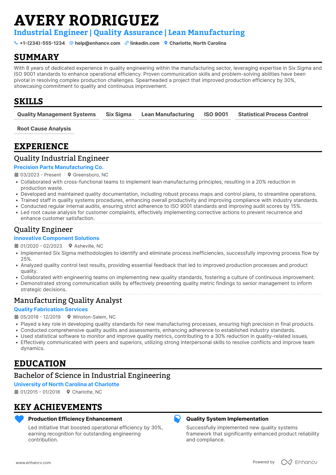 A resume example of a Quality Industrial Engineer