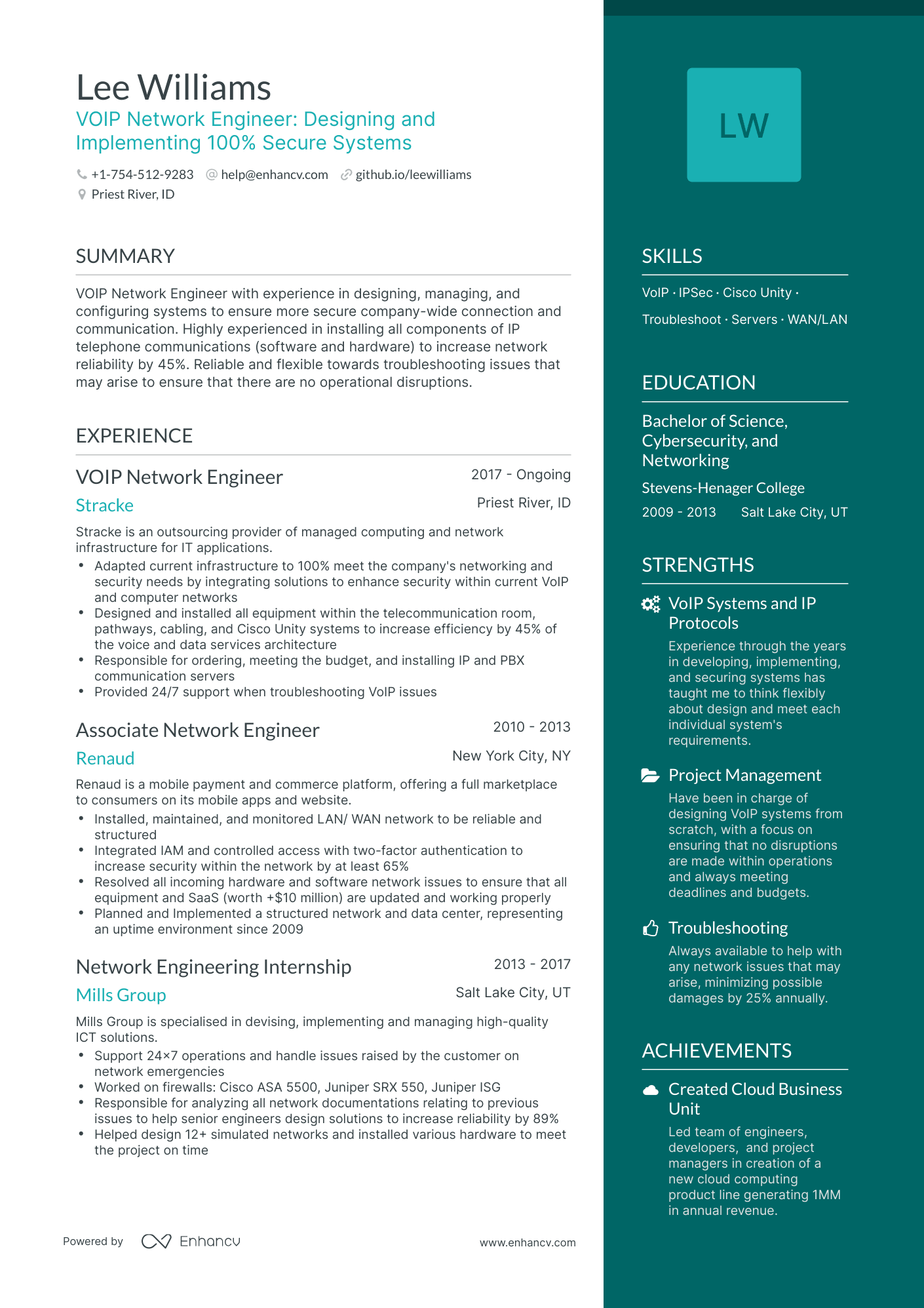 One Page VOIP Network Engineer Resume Template