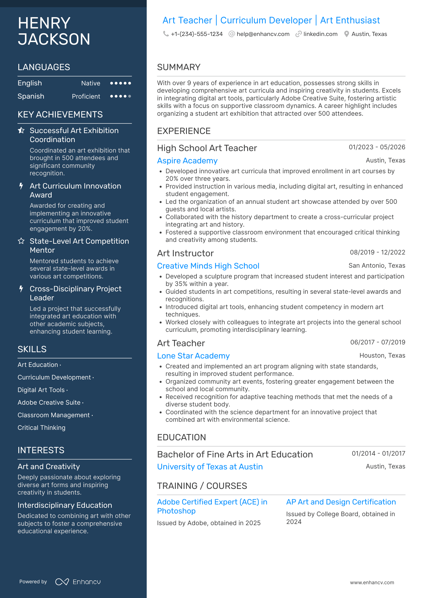 A resume example of a High School Art Teacher