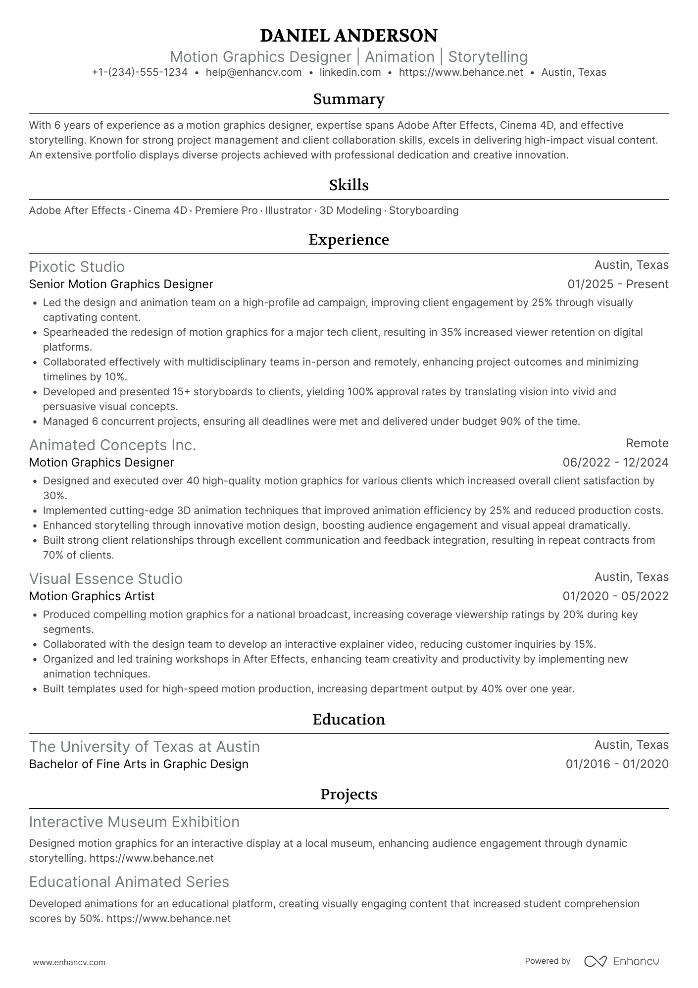 A resume example of a Freelance Motion Graphics Designer