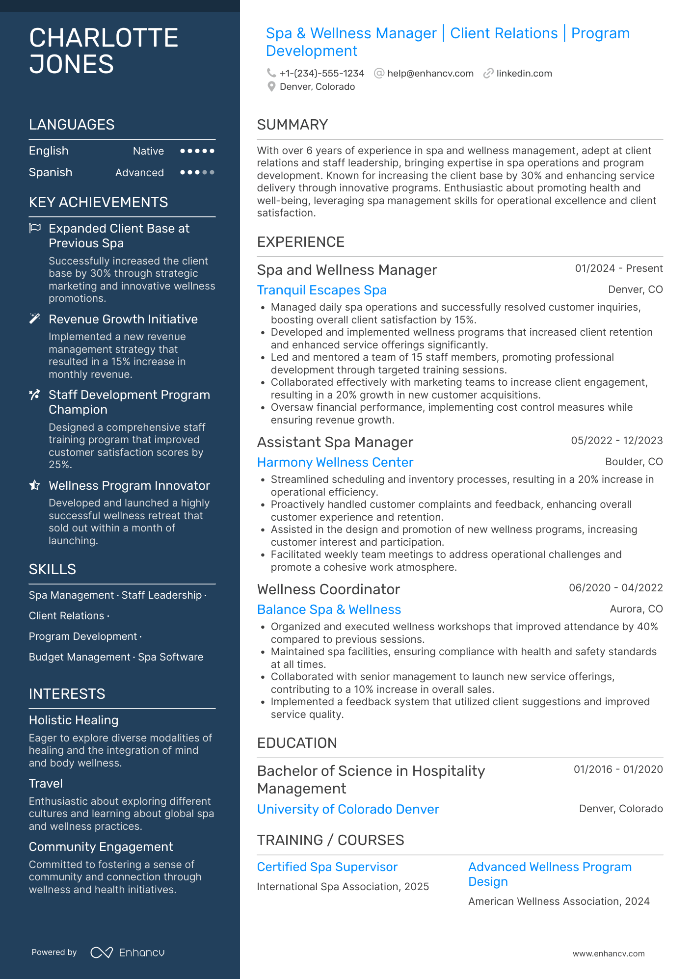 A resume example of a Spa and Wellness Manager