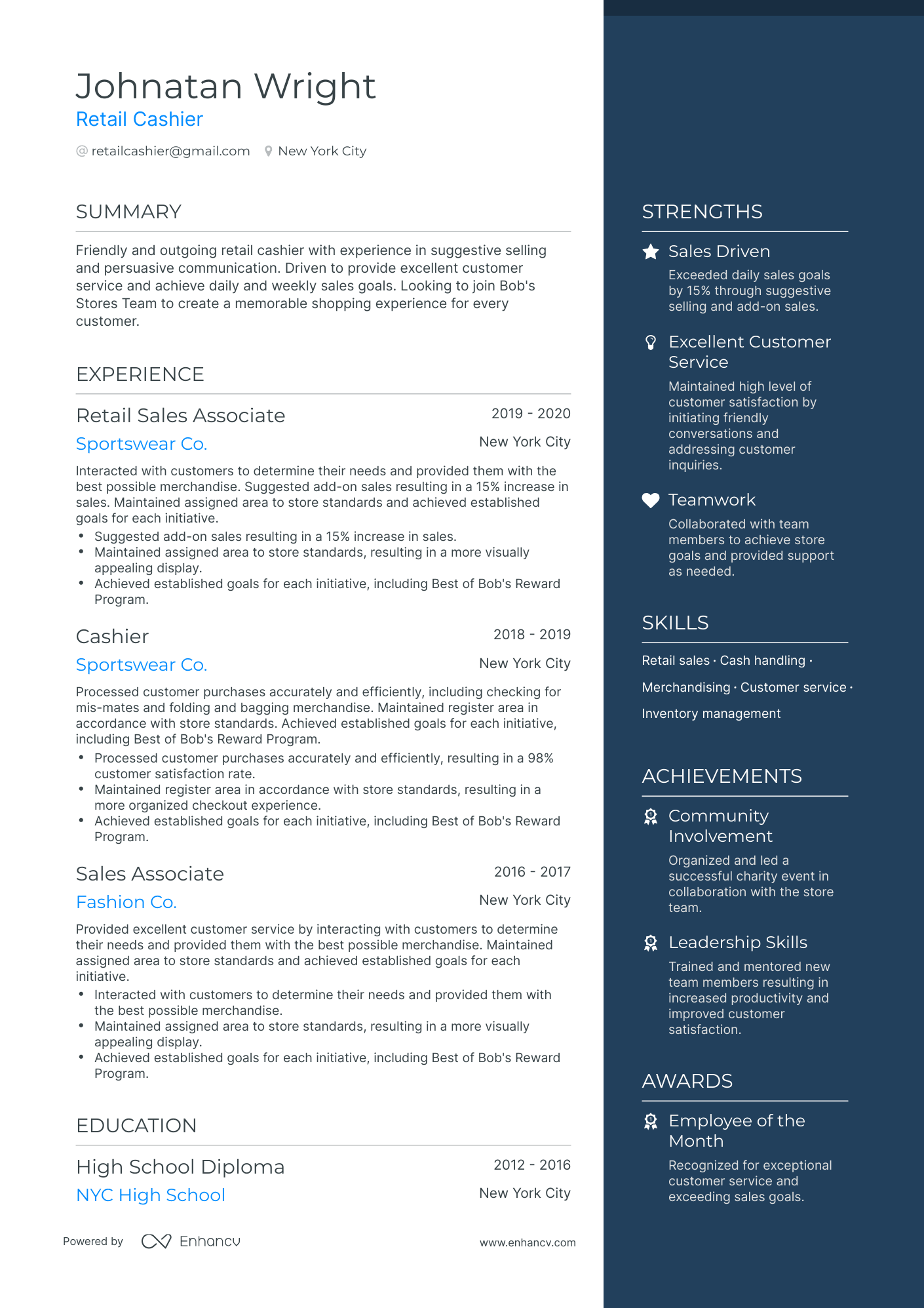 example resume for cashier skills