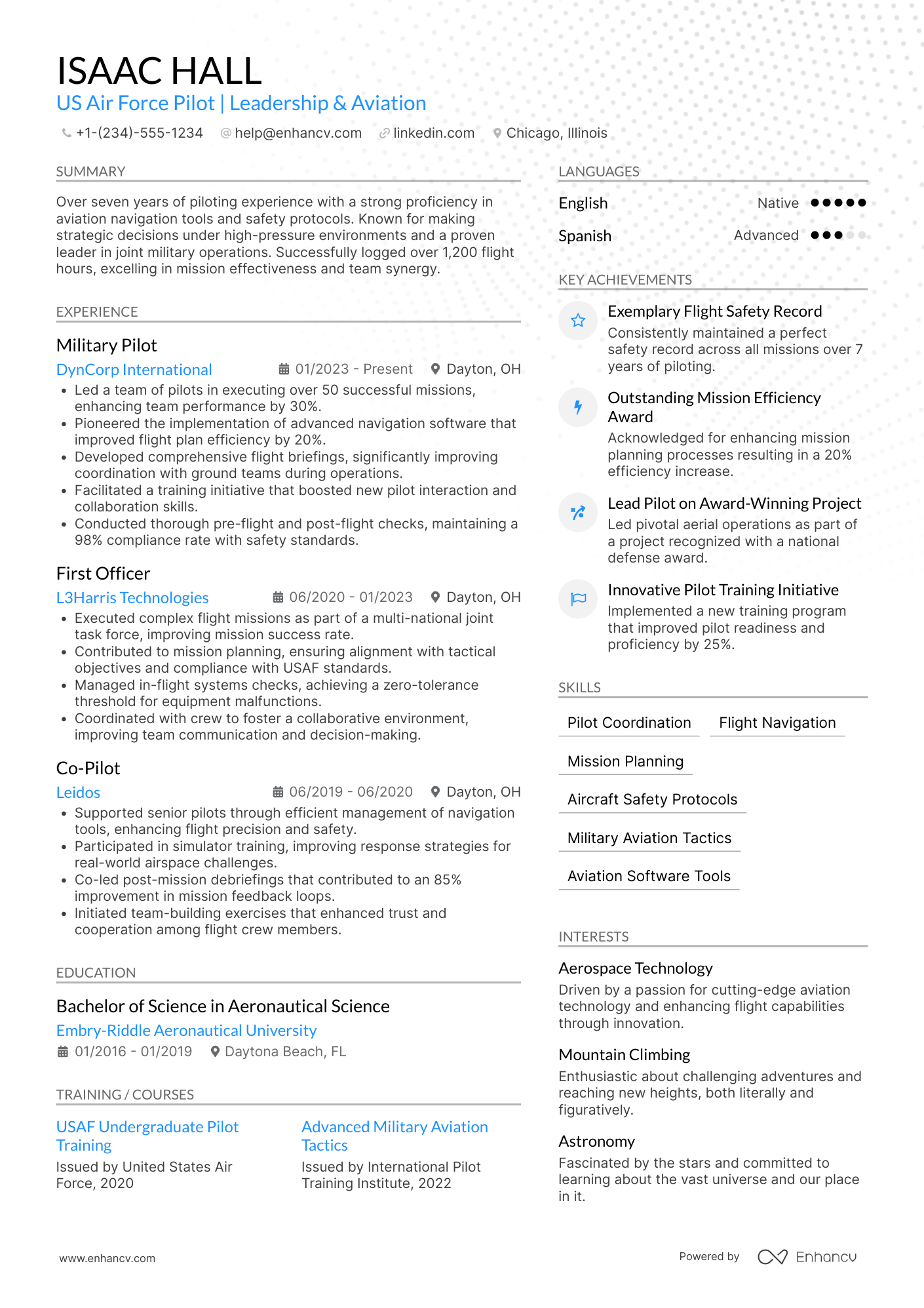 A resume example of a US Air Force Pilot