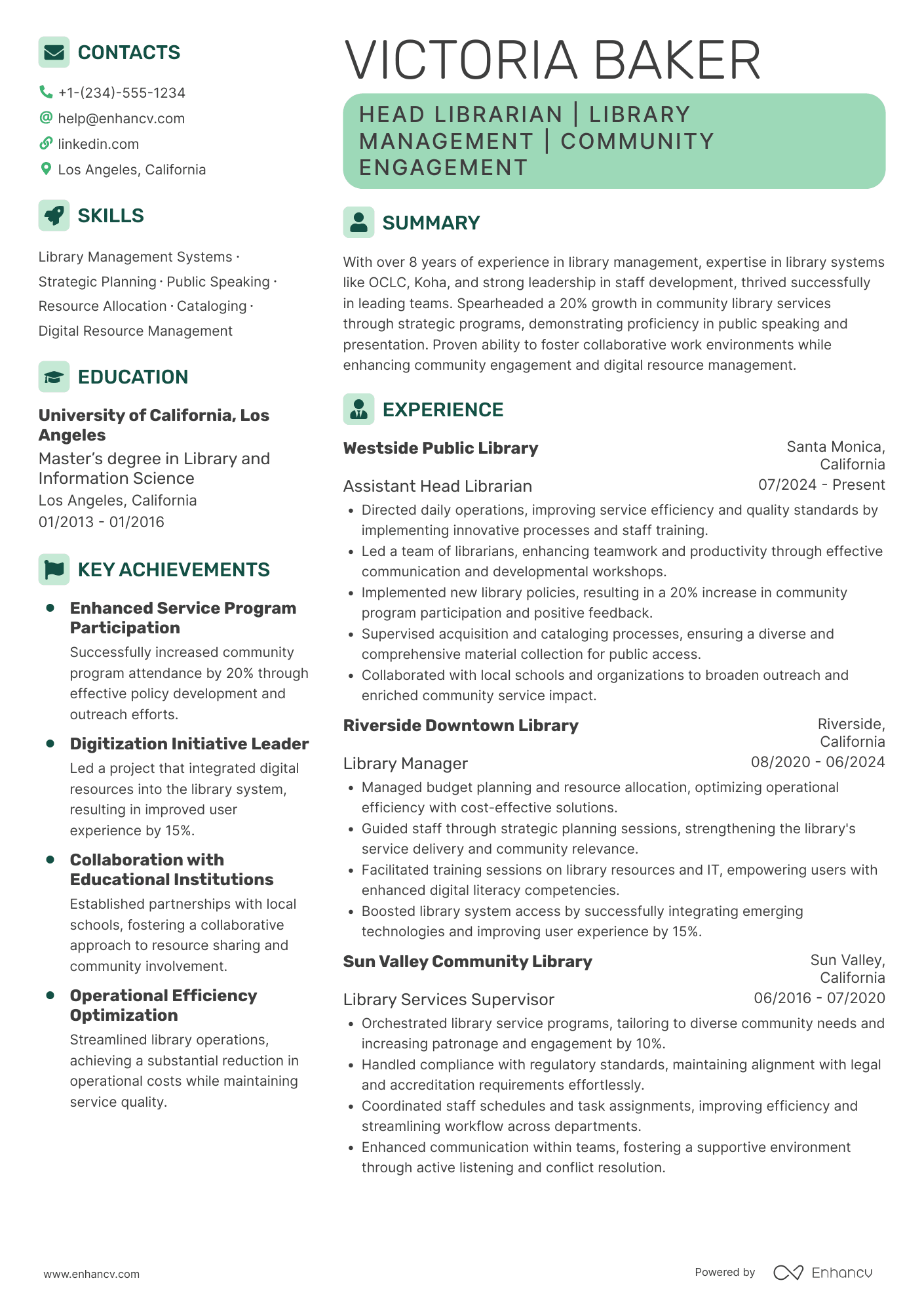 A resume example of a Head Librarian