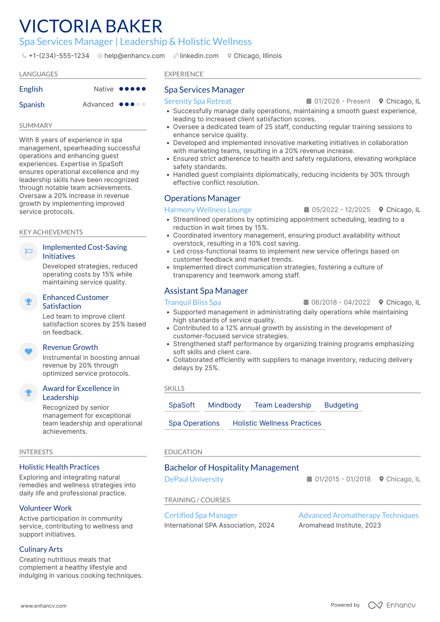 A resume example of a Spa Services Manager