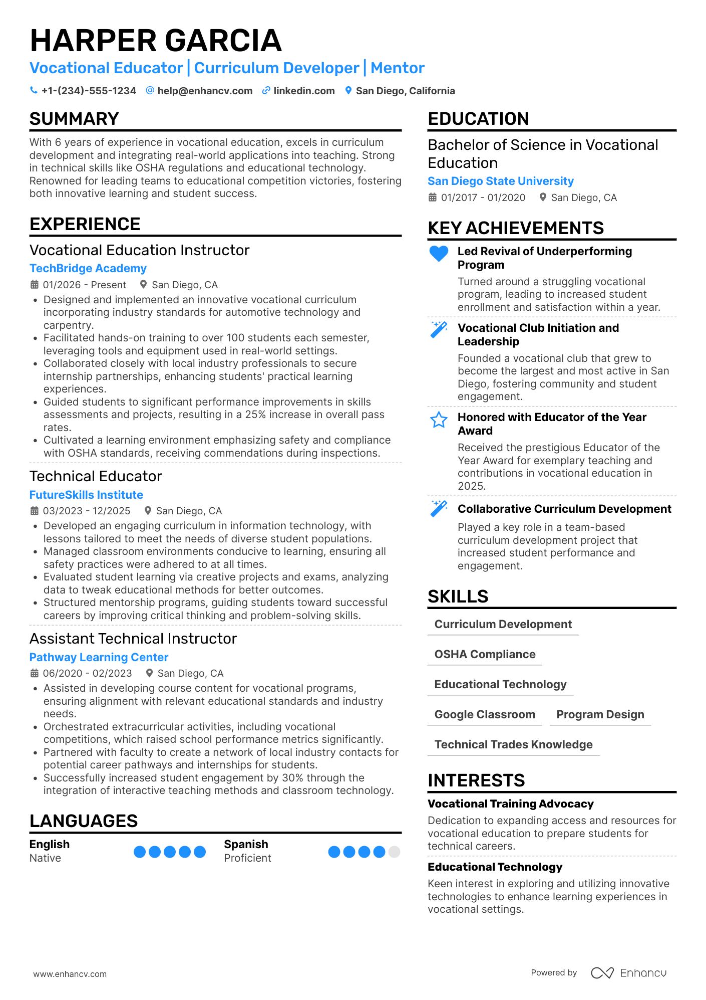 A resume example of a High School Vocational Education Teacher