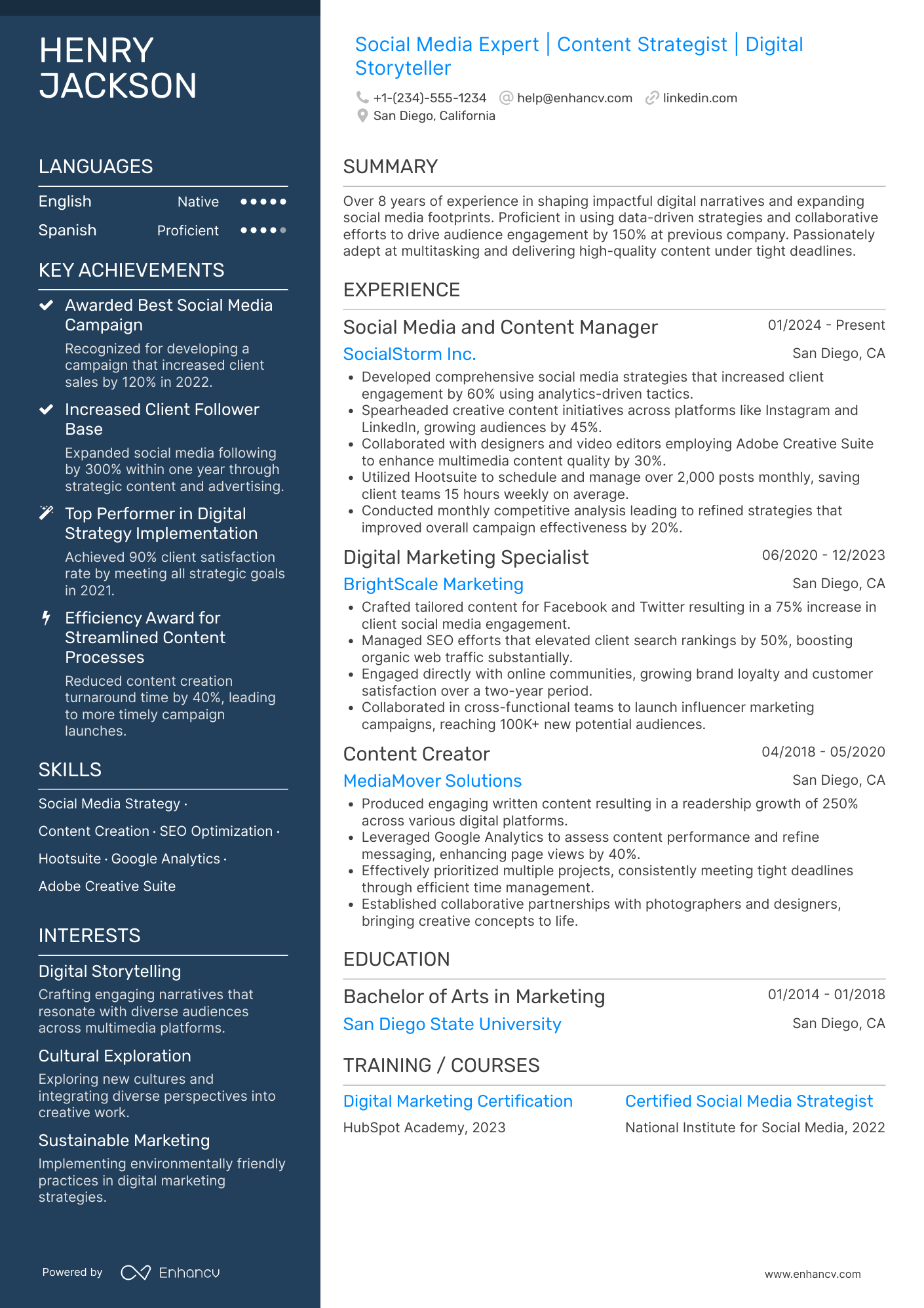 A resume example of a Social Media and Content Manager