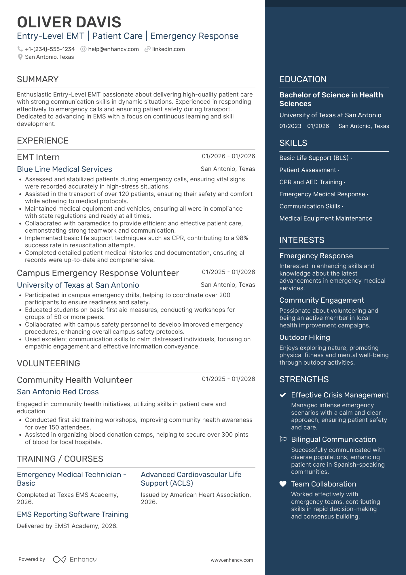 A resume example of a Entry Level EMT