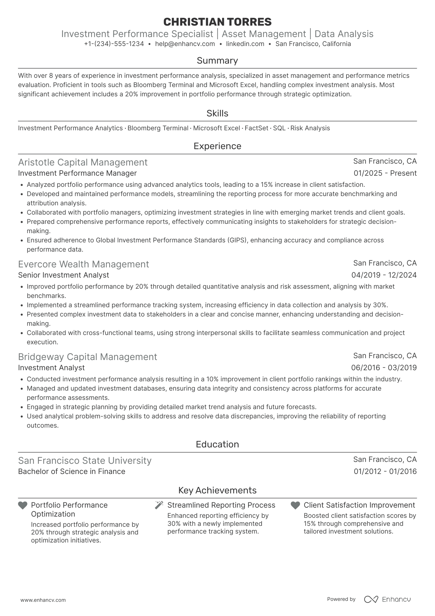 A resume example of a Investment Performance Manager