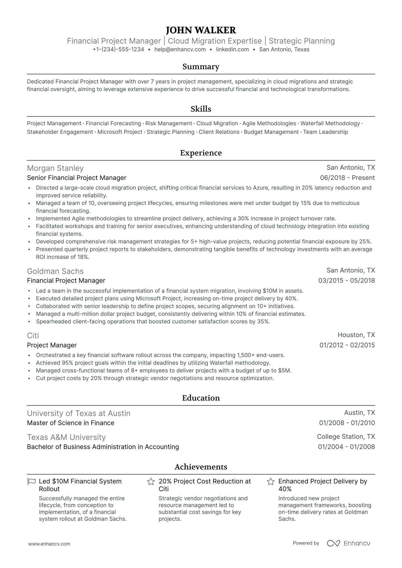 finance project manager resume sample