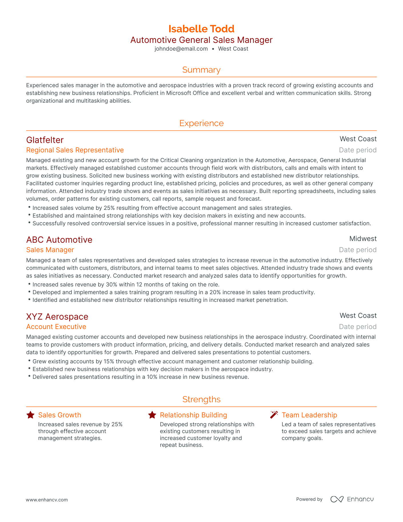 Traditional Automotive General Sales Manager Resume Template