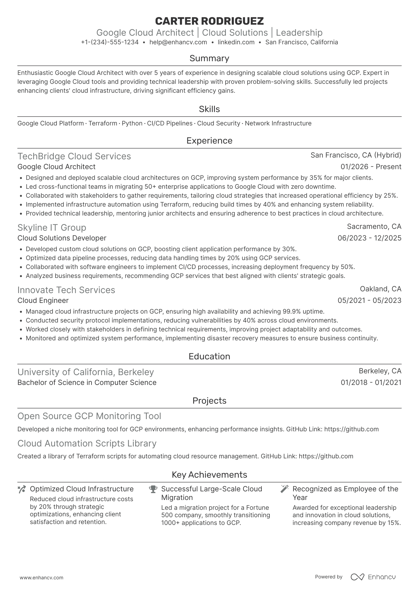 A resume example of a Google Cloud Architect