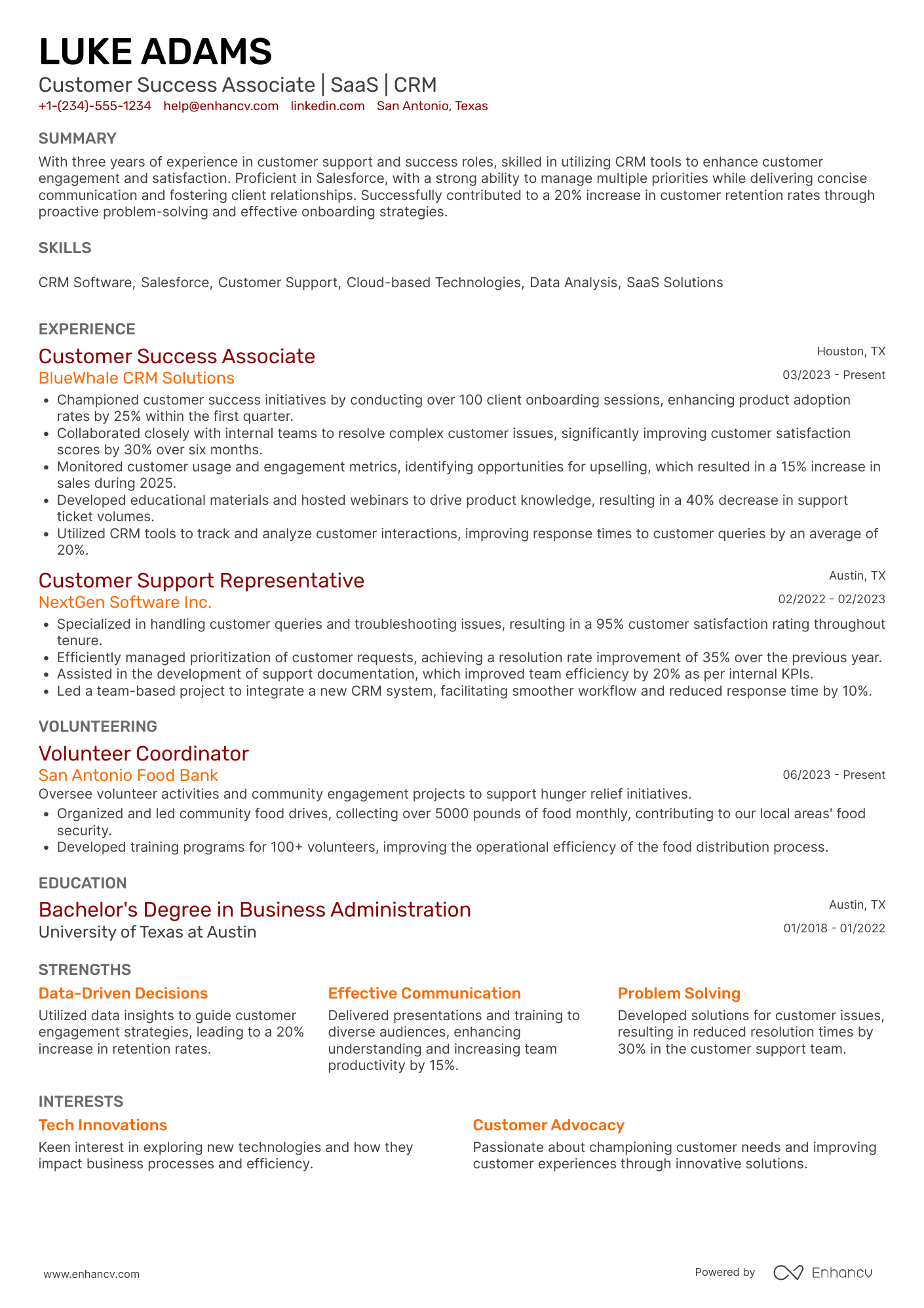 A resume example of a Customer Success Associate