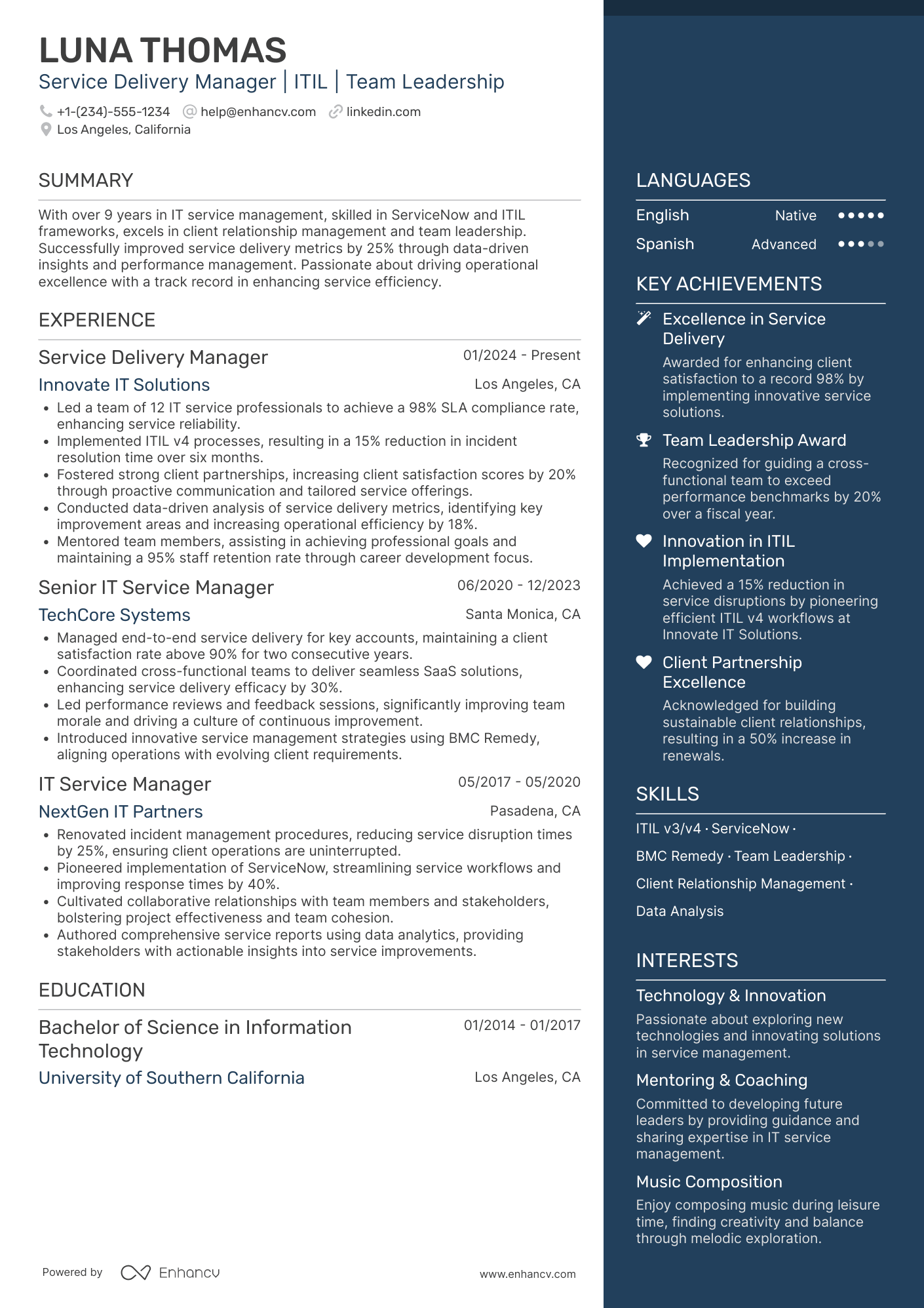 A resume example of a Service Delivery Manager