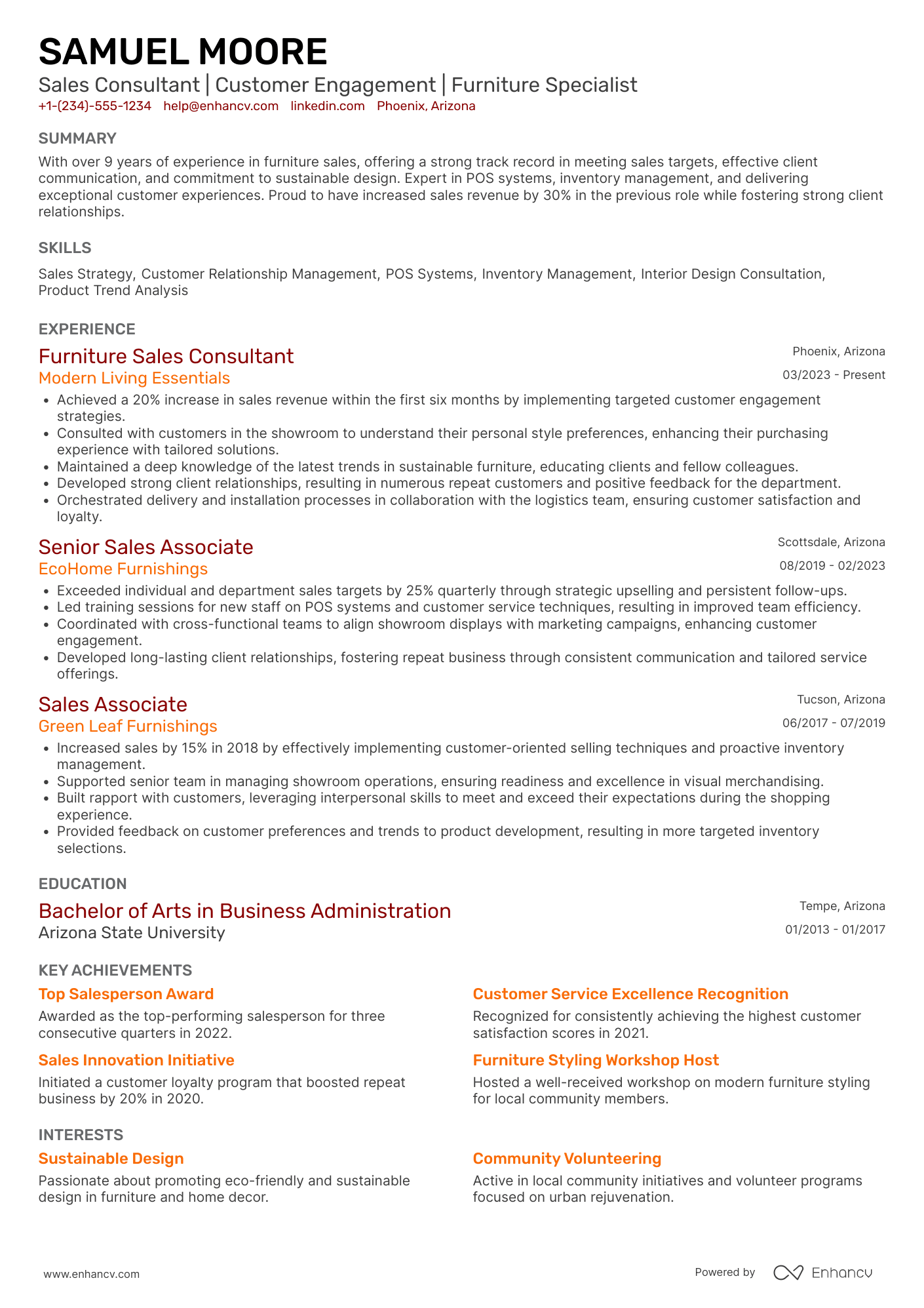 A resume example of a Furniture Sales