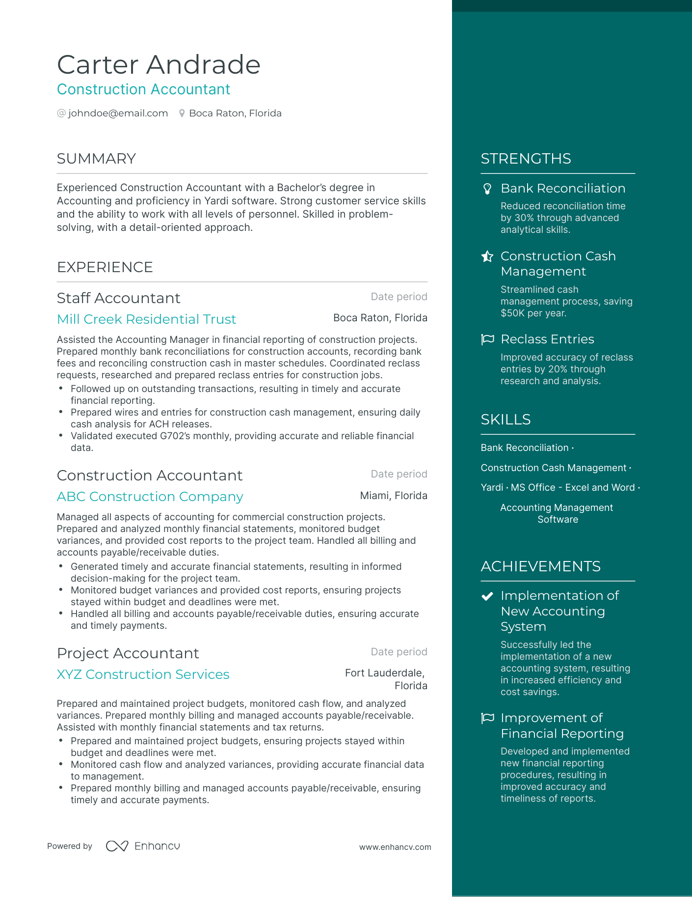 One Page Construction Accounting Resume Template