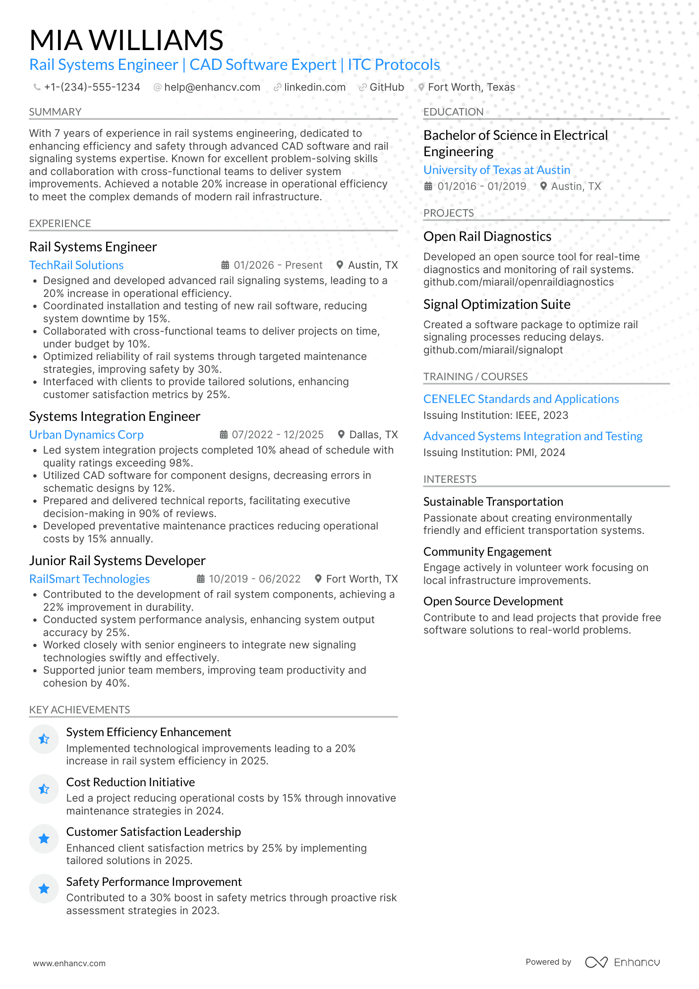 A resume example of a Rail Systems Engineer