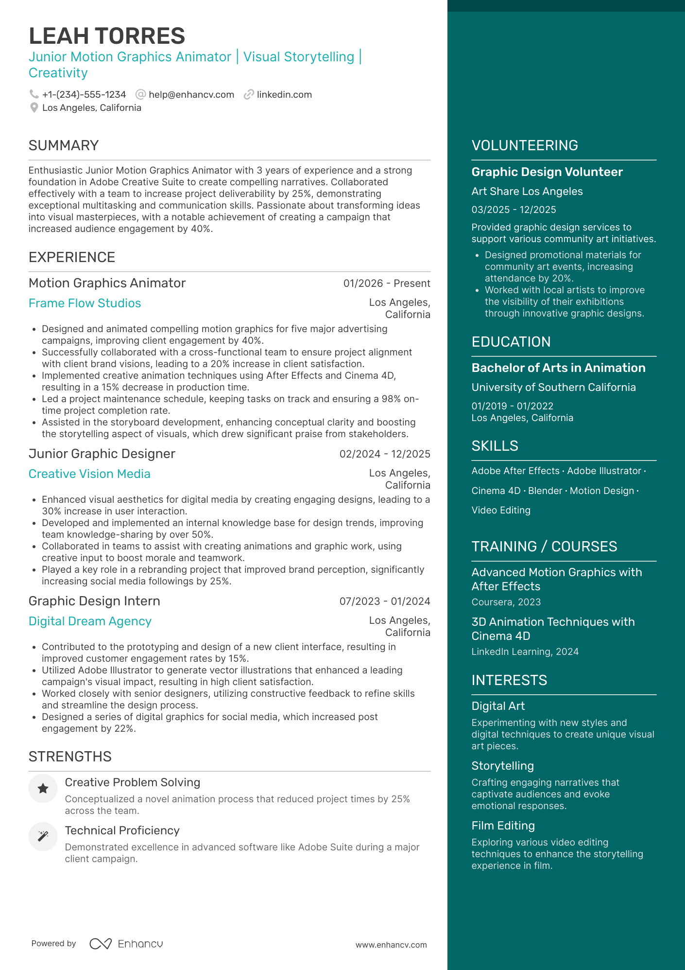 A resume example of a Junior Motion Graphics Animator