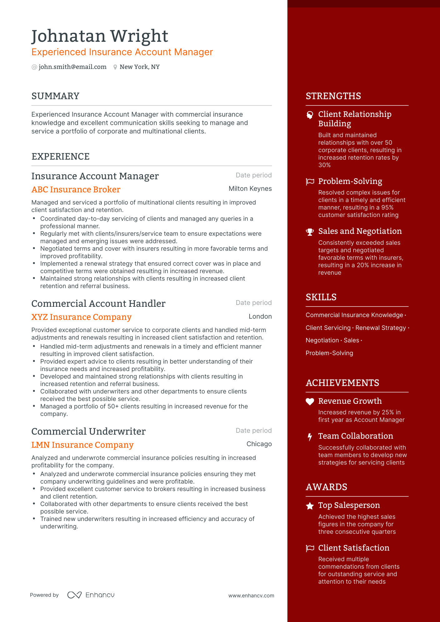 One Page Insurance Account Manager Resume Template