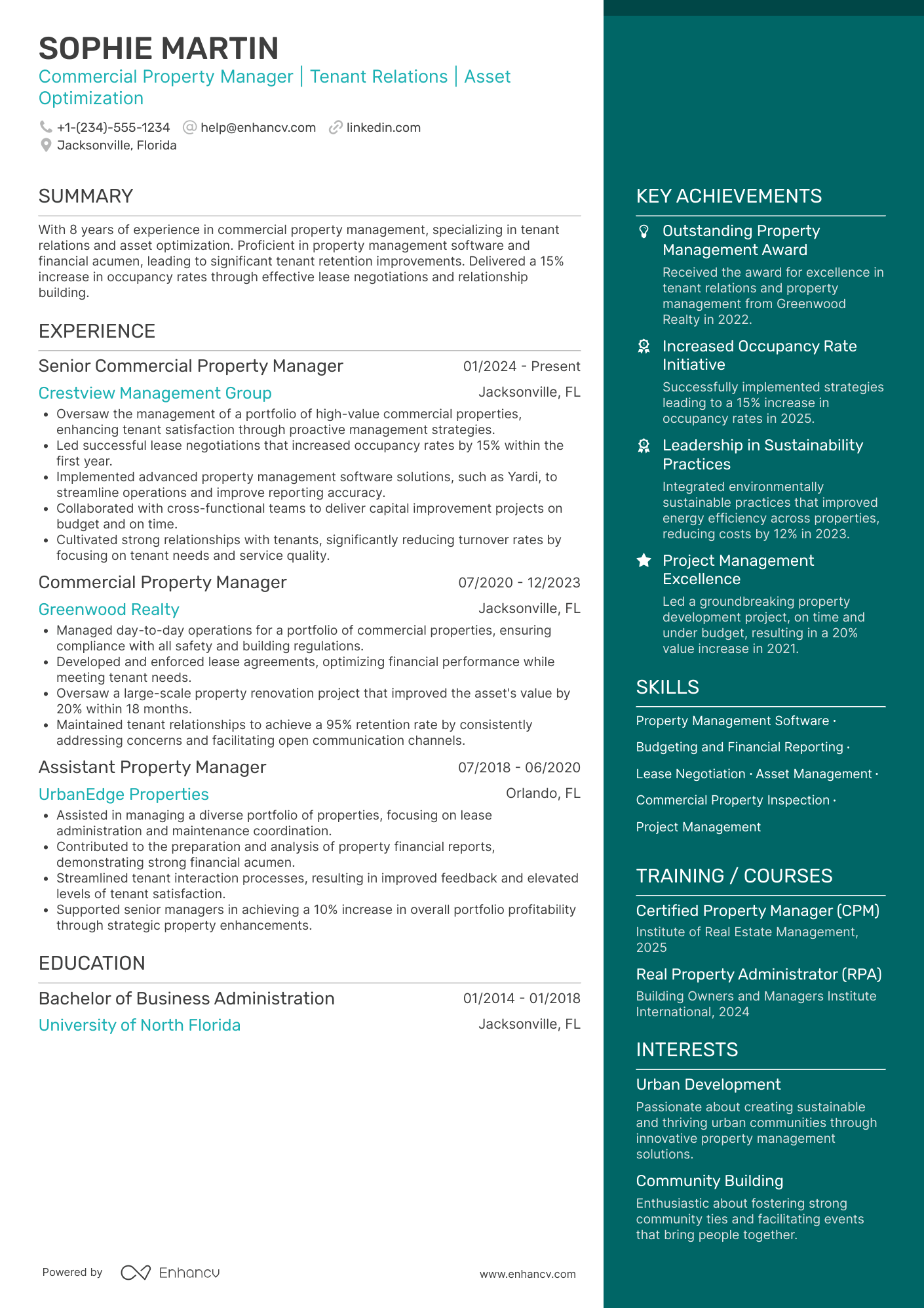 A resume example of a Commercial Property Manager