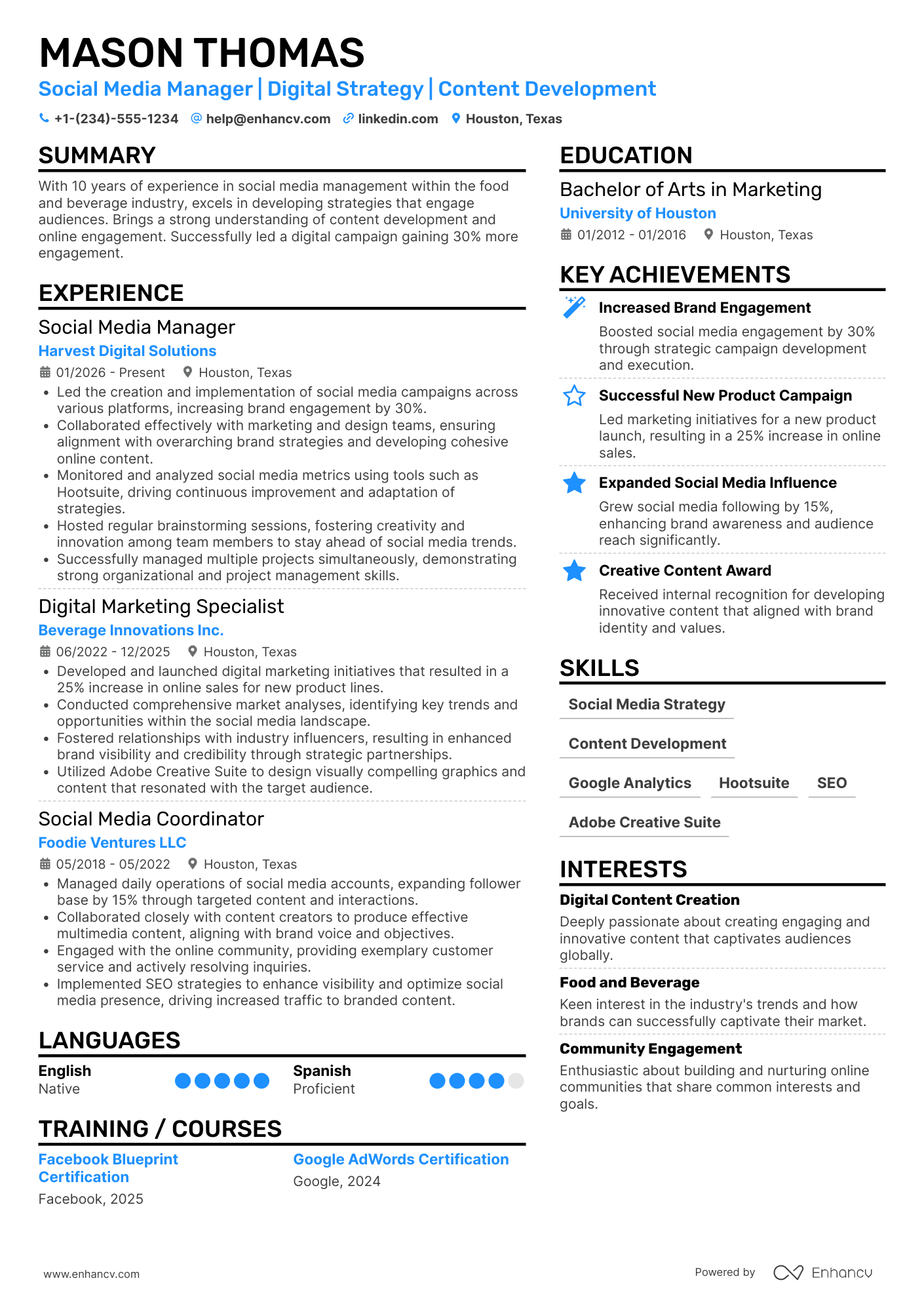 A resume example of a Starbucks Social Media Manager