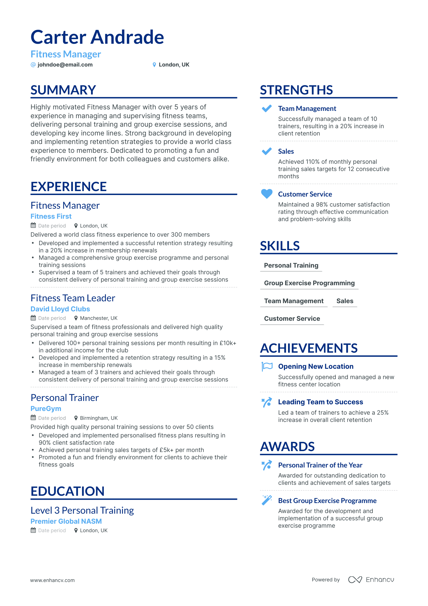 Simple Fitness Manager Resume Template