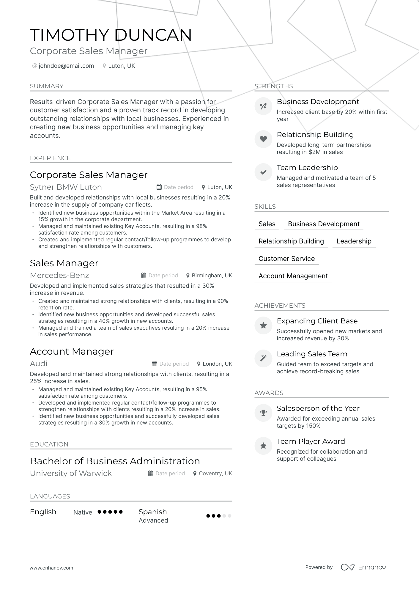 Modern Corporate Sales Manager Resume Template