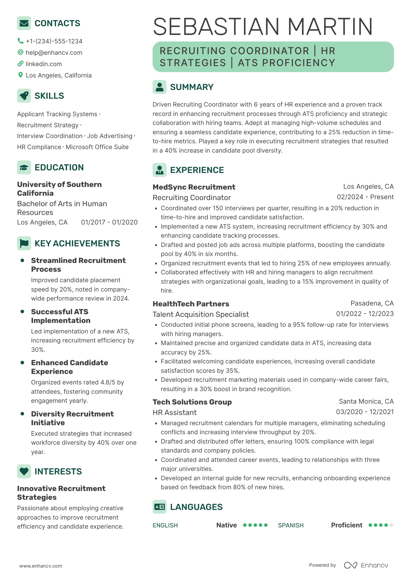A resume example of a Full Time Recruiting Coordinator