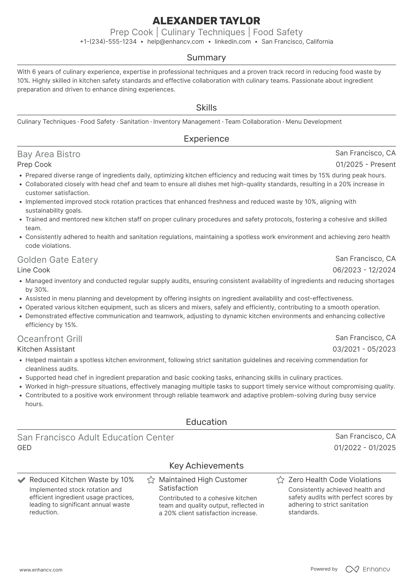 A resume example of a Day Shift Prep Cook