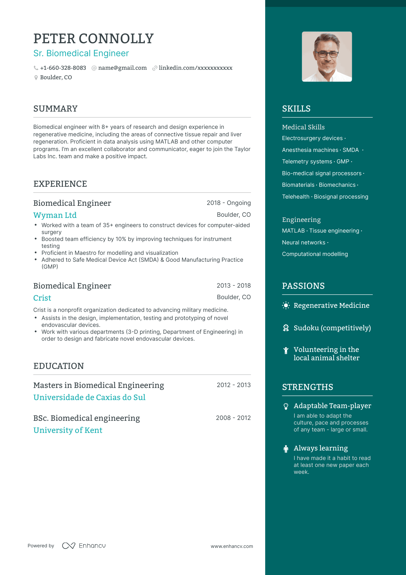 One Page Biomedical Engineer Resume Template