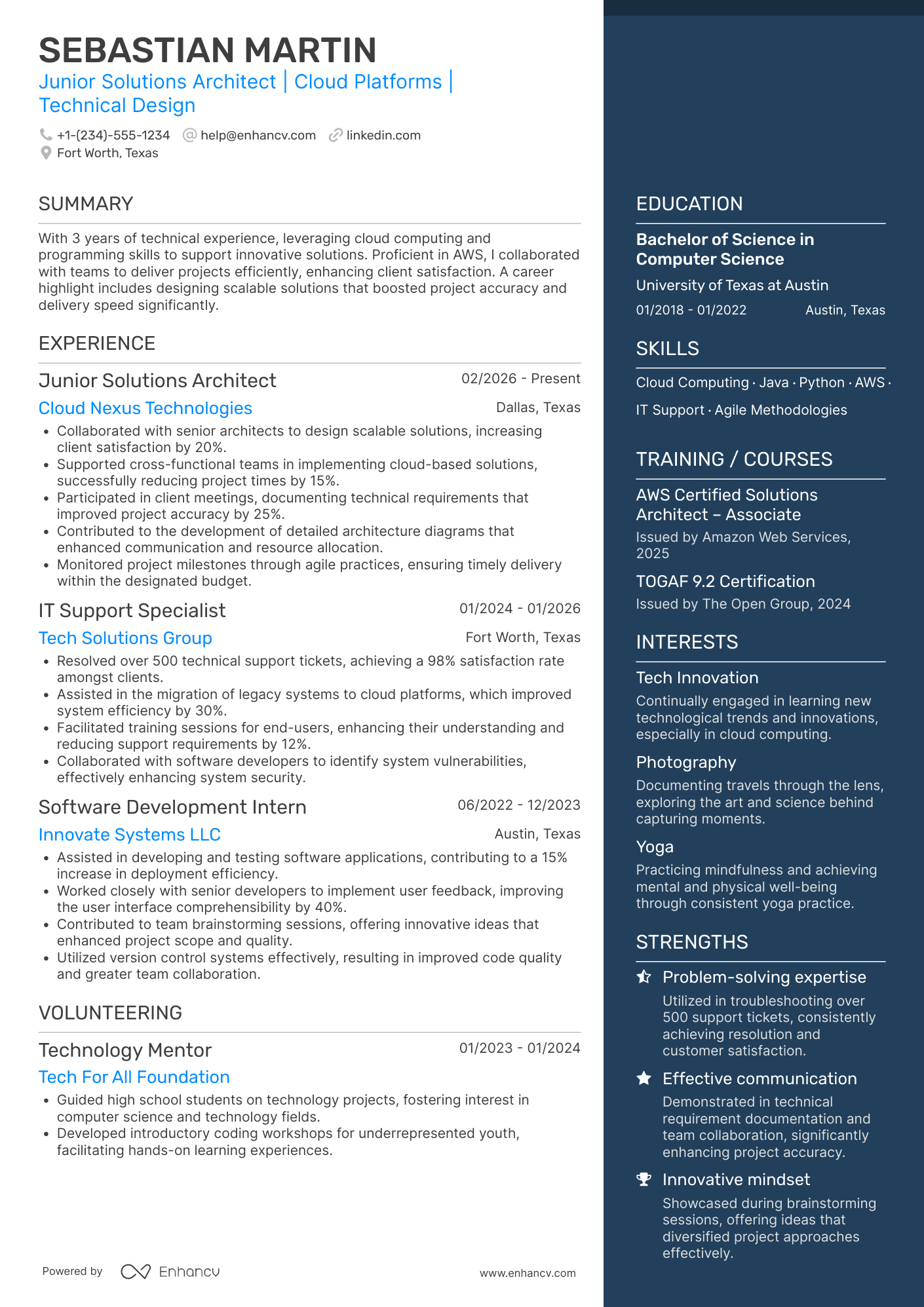 A resume example of a Junior Solutions Architect