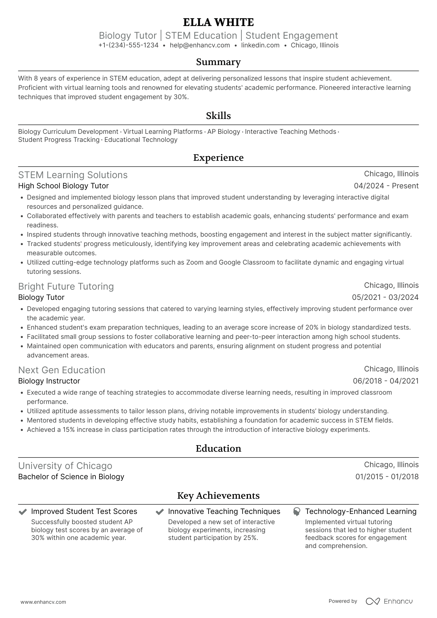 A resume example of a High School Biology Tutor