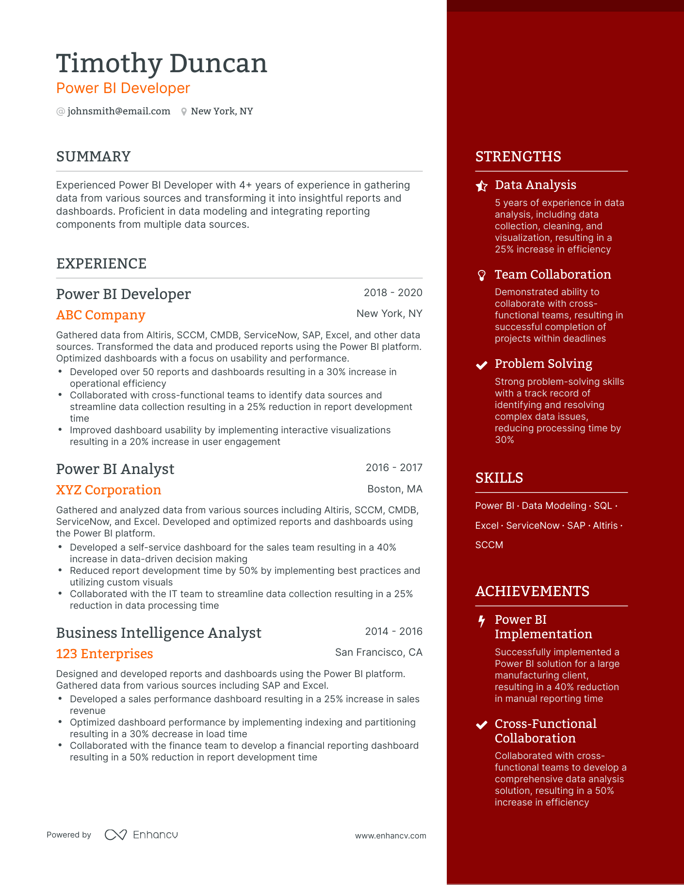 One Page Power Bi Resume Template