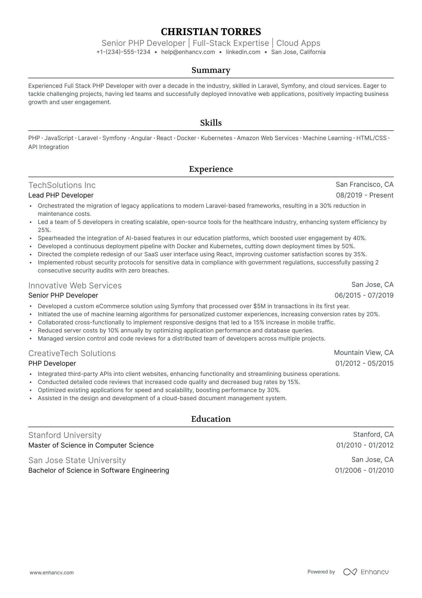 sample resume for php developer experienced