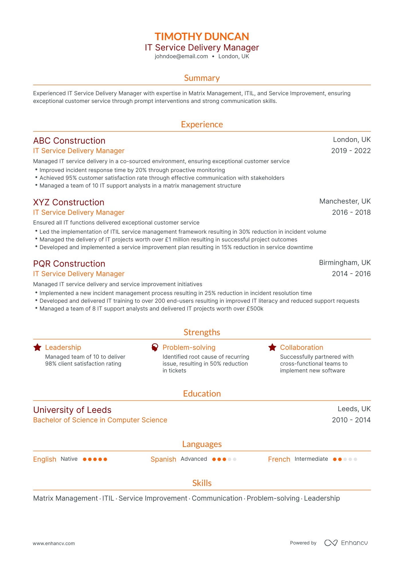 Traditional IT Service Delivery Manager Resume Template